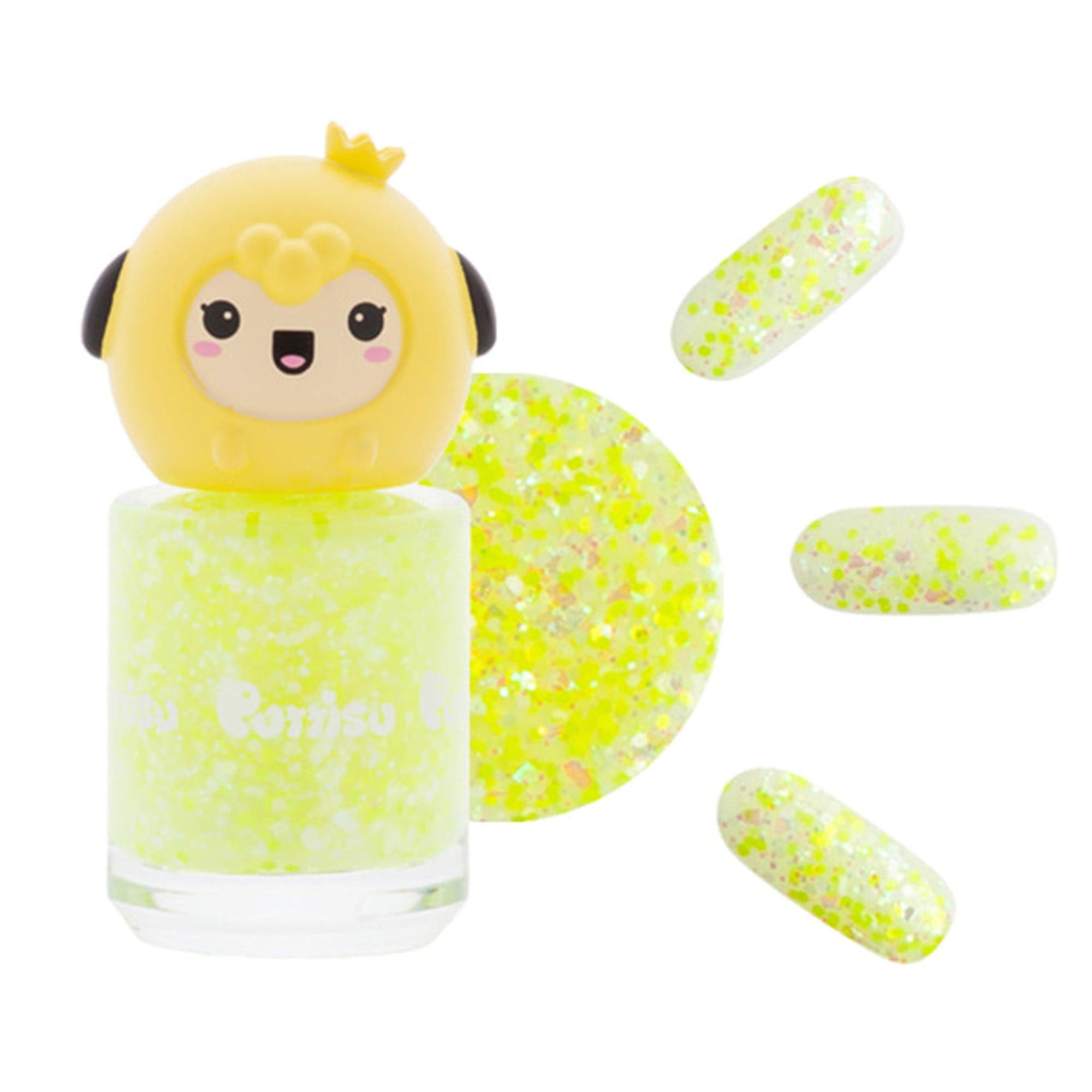 Yellow glitter nail polish with a cartoon topper and sample nails.
