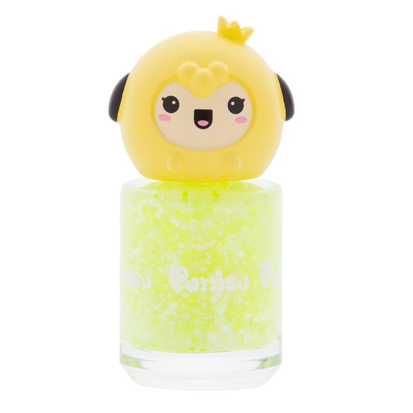 Yellow nail polish with cartoon crown topper.