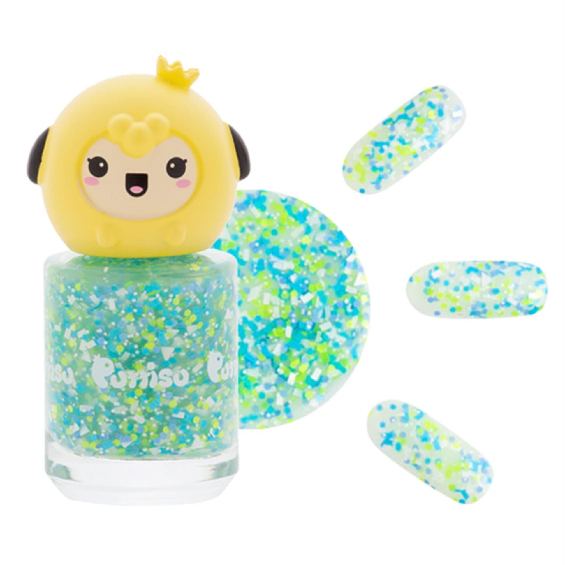 Nail polish bottle with yellow cartoon character cap, surrounded by swatches of the pale green, blue, and white glitter polish.