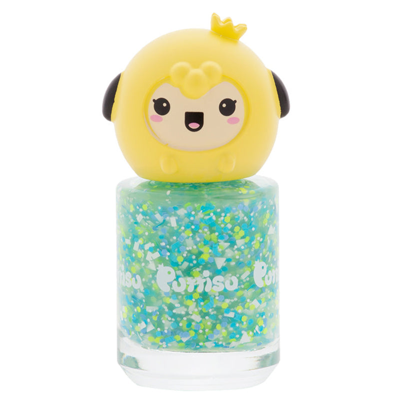 Close-up of light green glitter nail polish with a yellow cartoon chick on top.