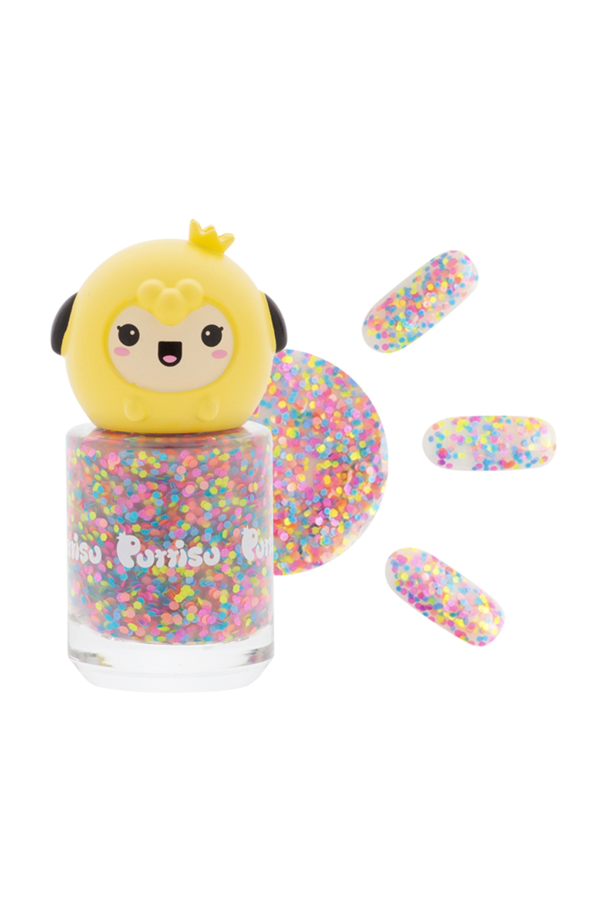 Bottle of "Purriso" nail polish with colorful confetti. Yellow character with crown on lid. Manicured nails showcasing nail polish.