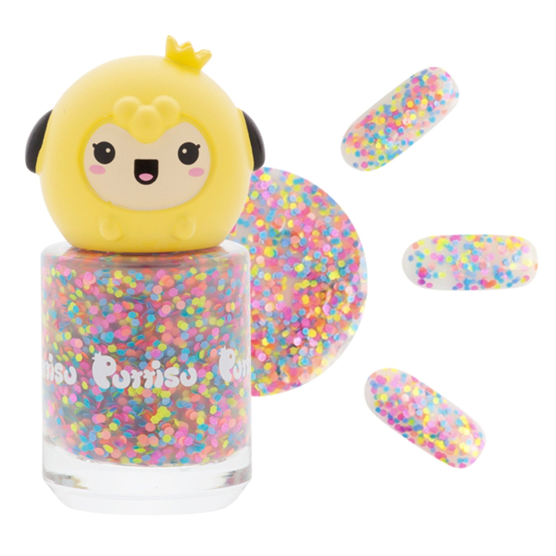 A bottle of glitter nail polish with a yellow cartoon character on top.