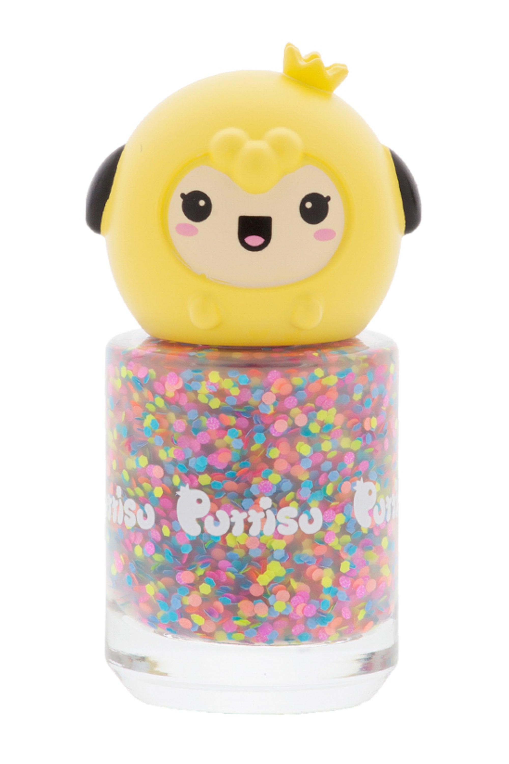 Yellow nail polish with confetti glitter and cartoon character cap.