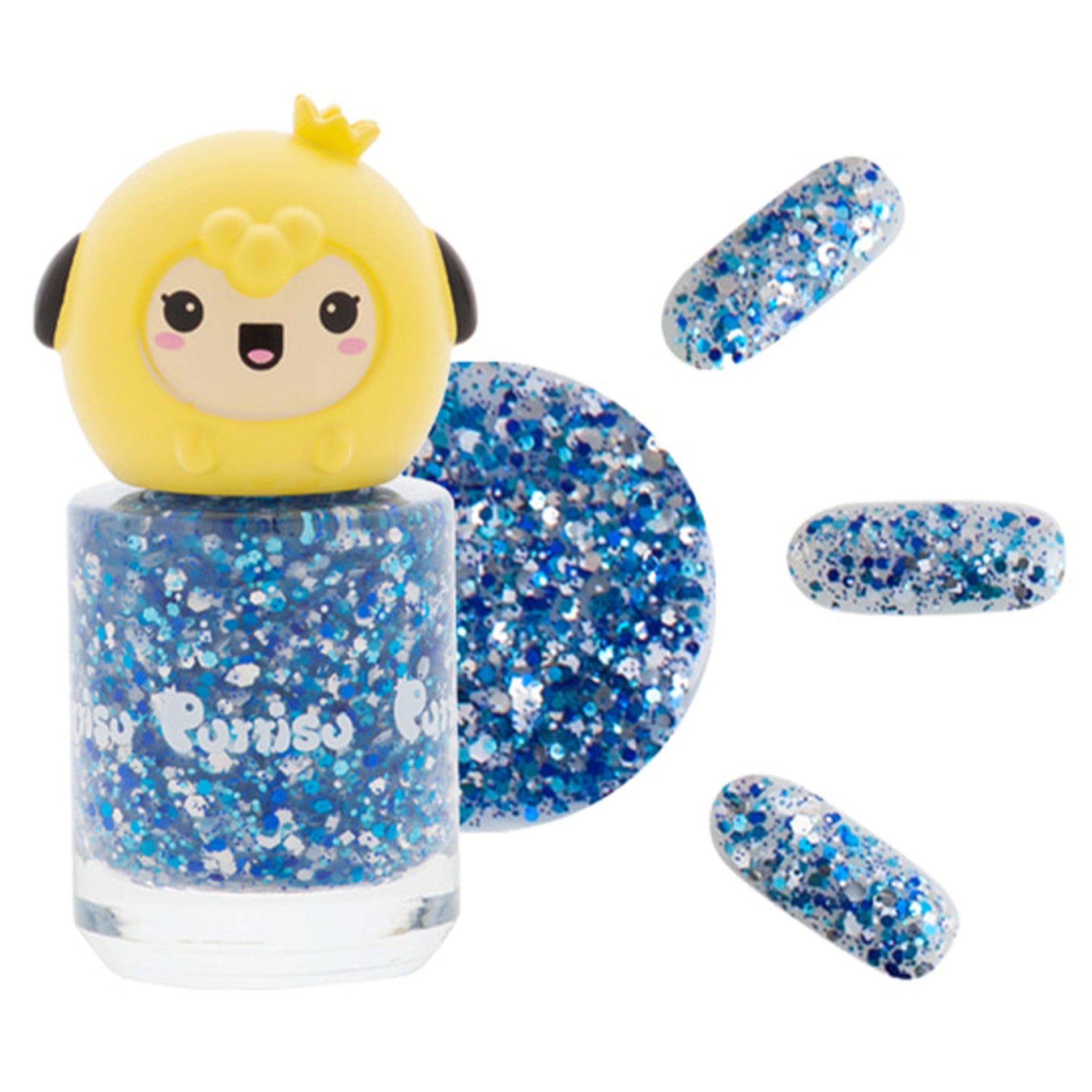 Blue glitter nail polish with a yellow, cartoon sheep-shaped cap.