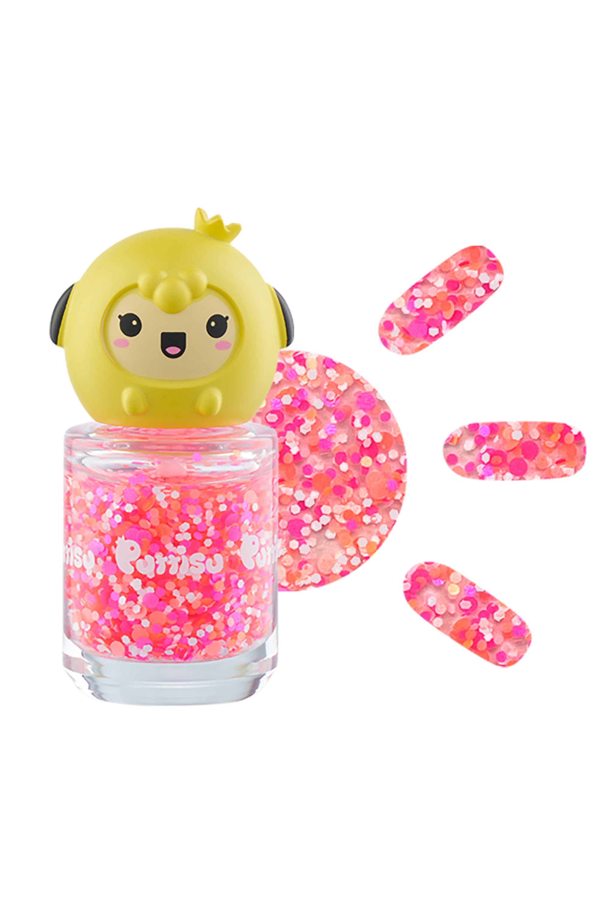 Pink glitter nail polish with yellow character cap.