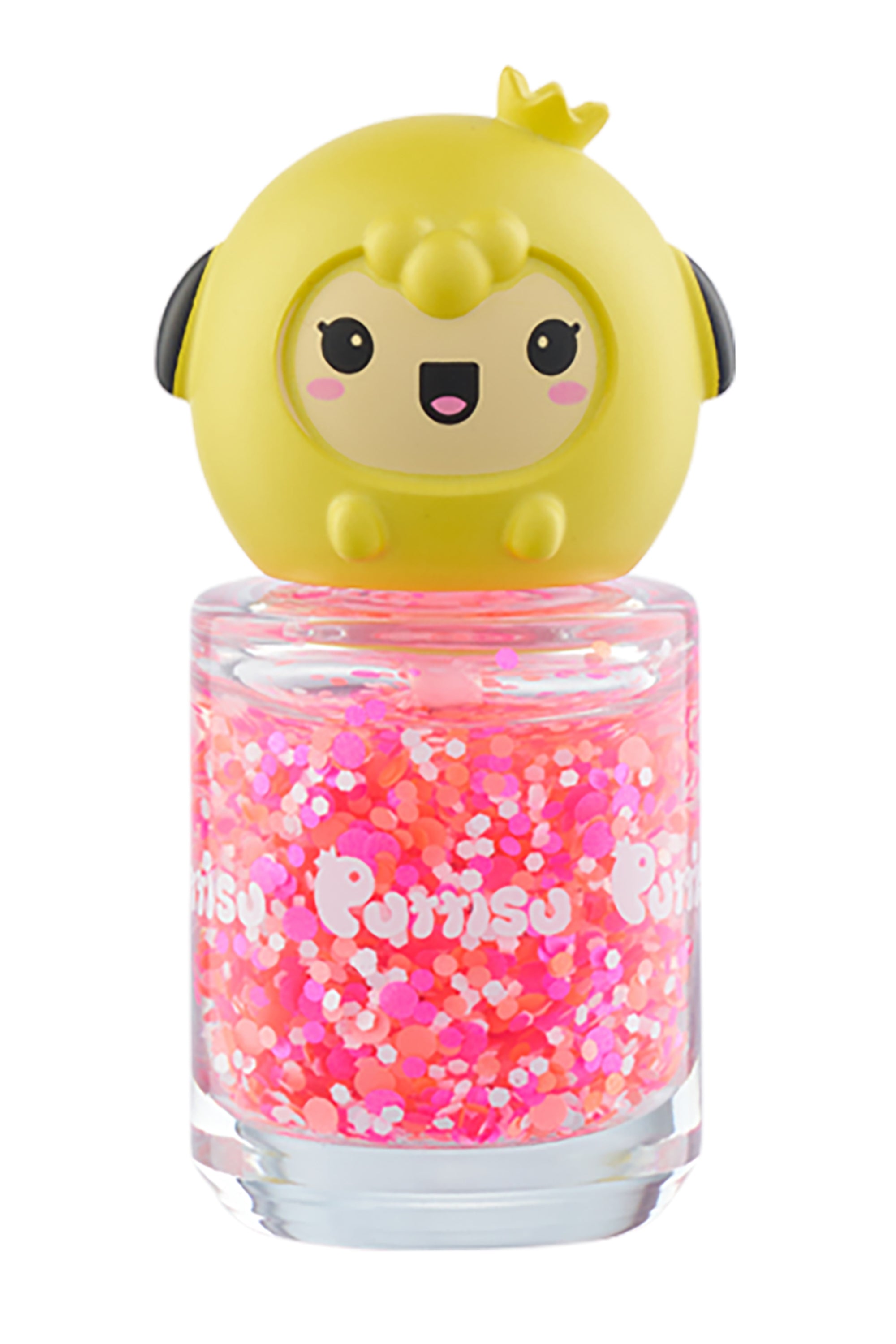 Bottle of glitter nail polish with a yellow cartoon sheep cap.