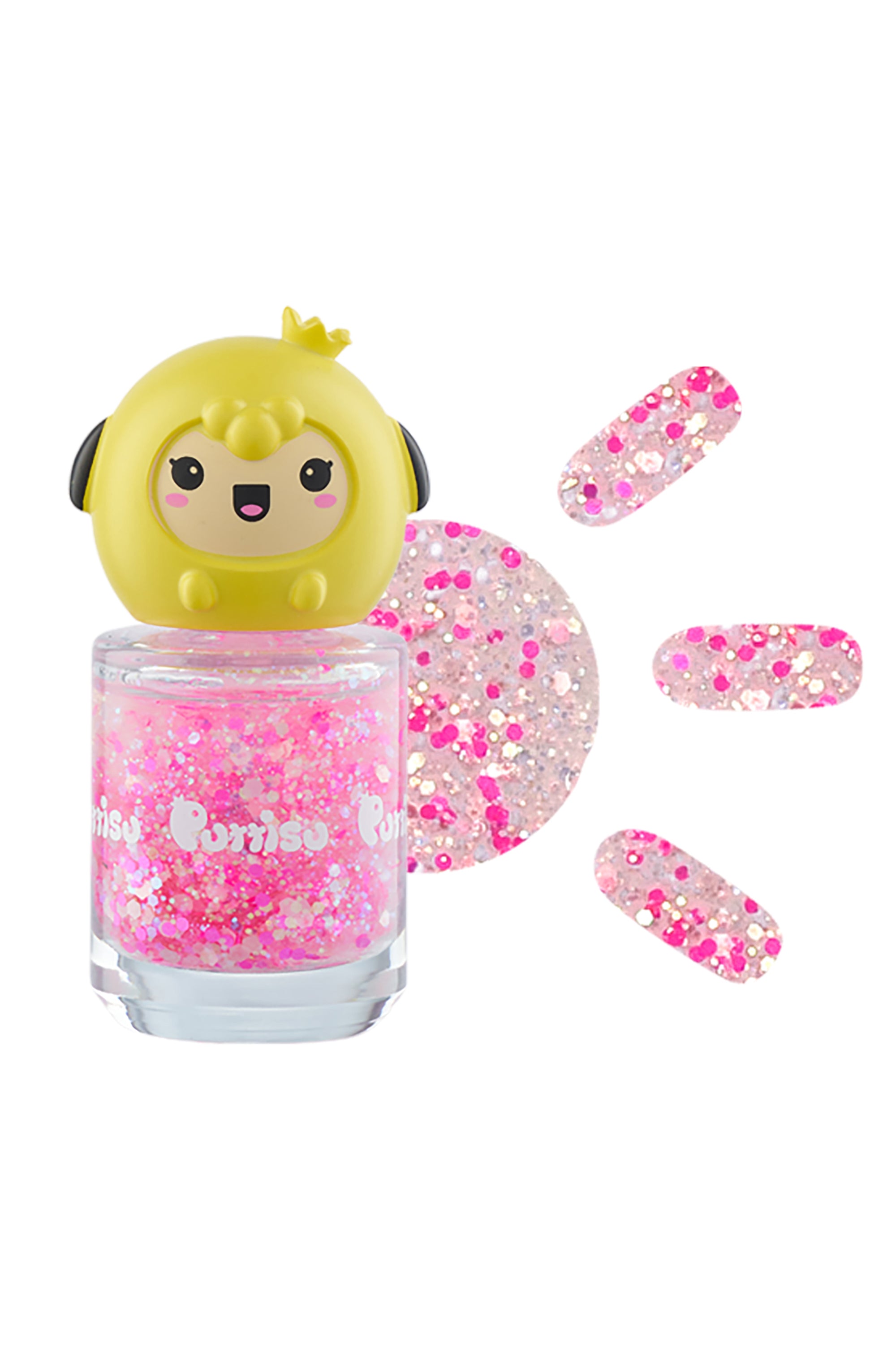 Pink glitter nail polish with yellow chick-shaped lid.