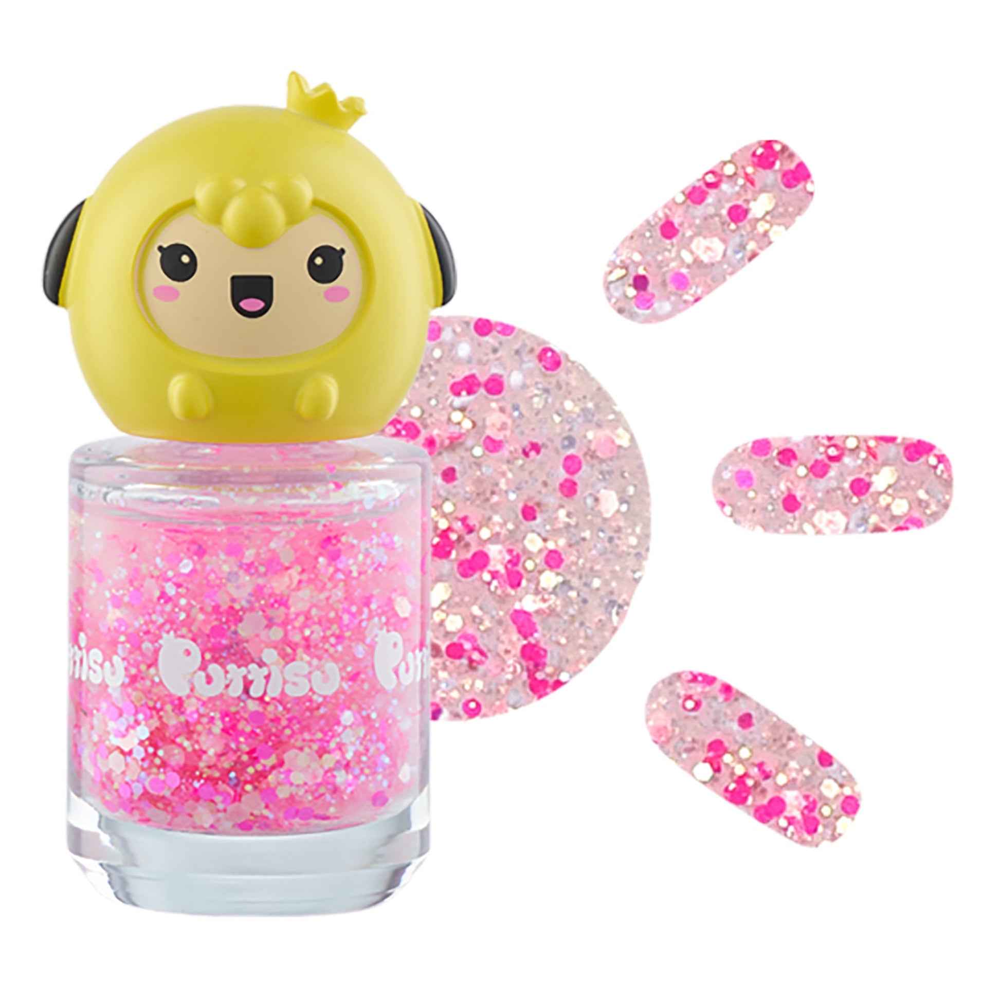 Pink glitter nail polish with a yellow sheep topper.