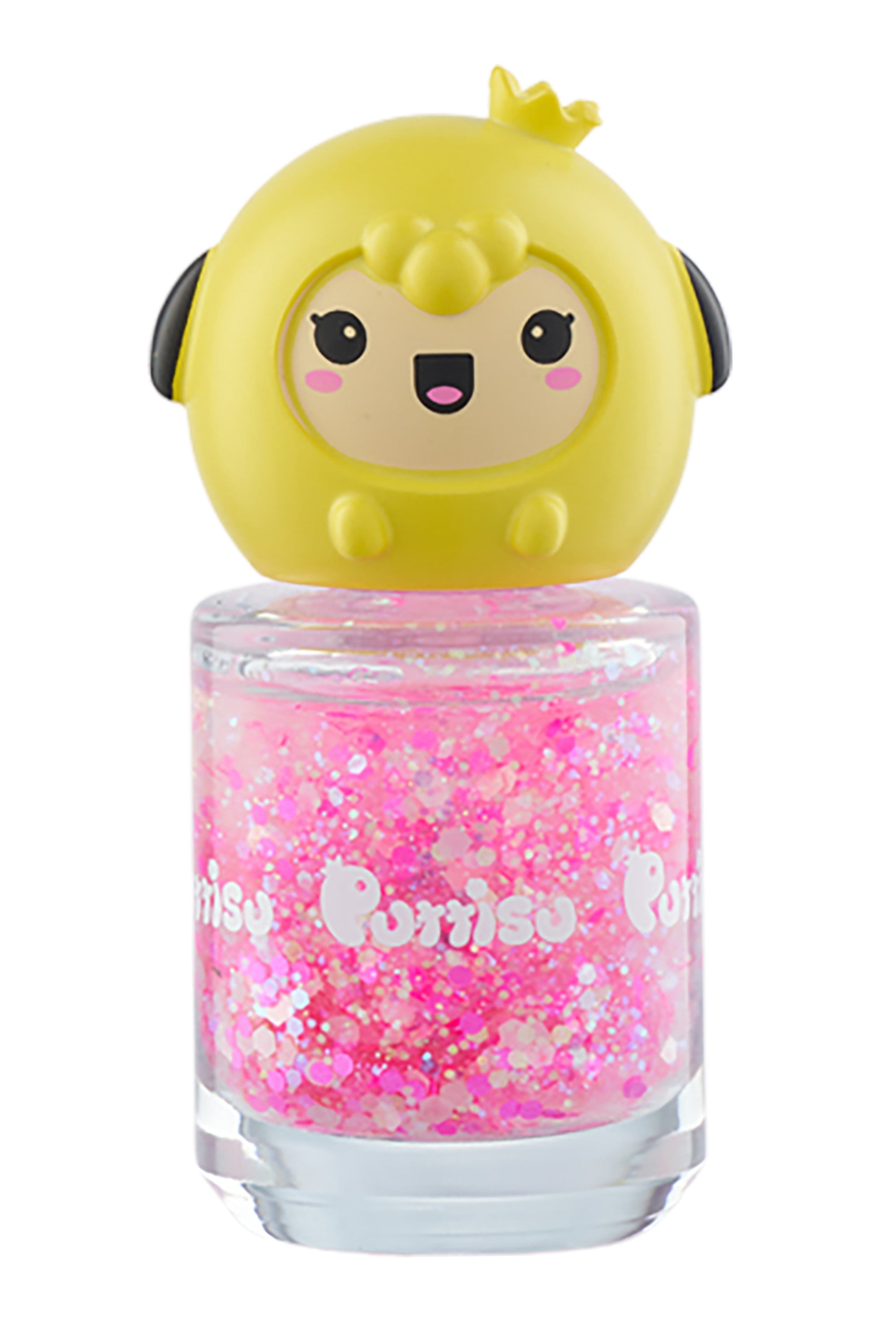 Pink glitter nail polish with a yellow cartoon animal topper.