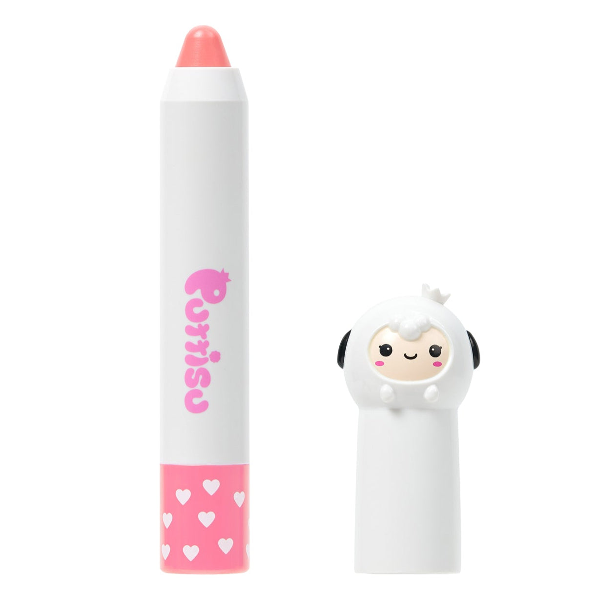 Product shot of Purrisu lip crayon with a cute lamb cap.