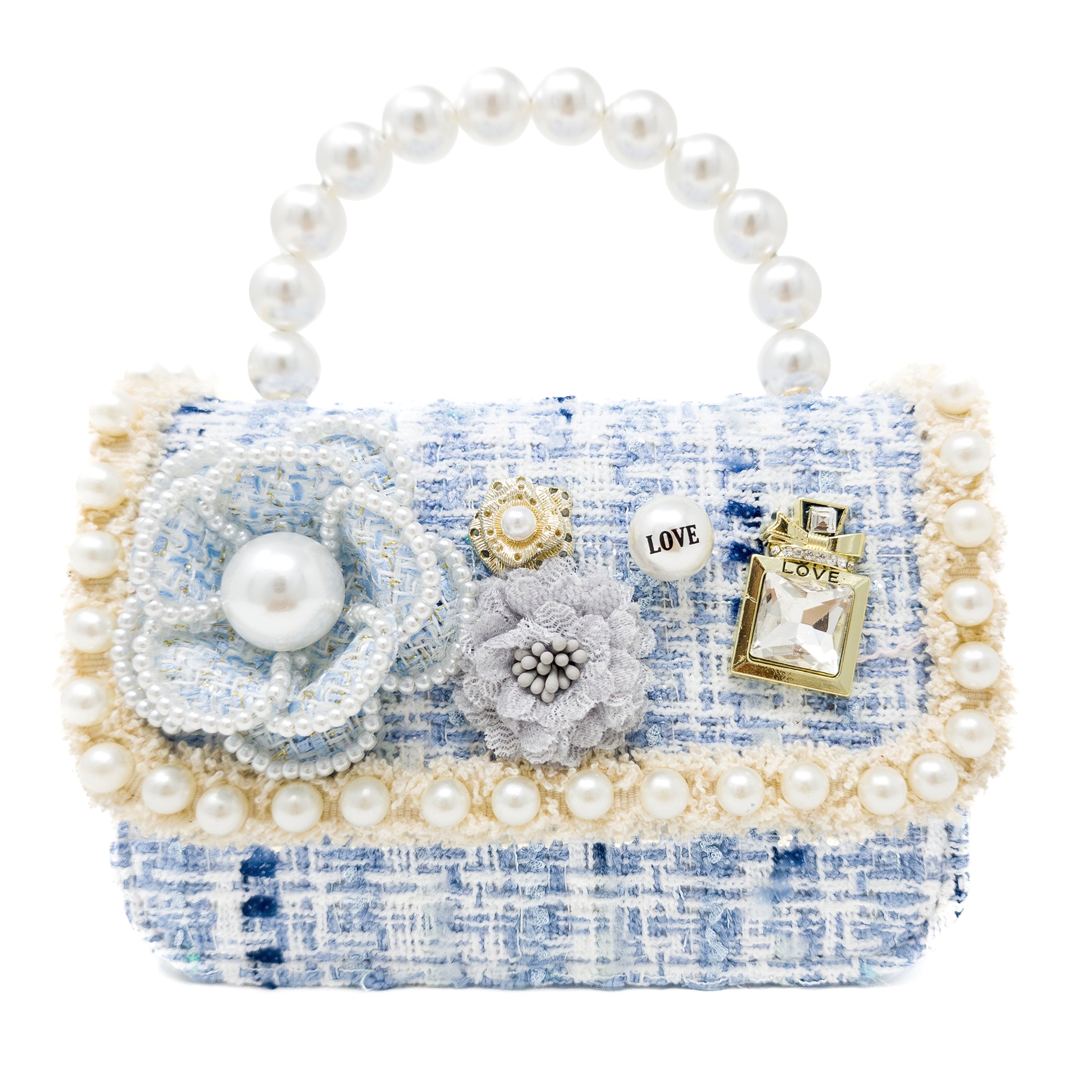 Puttisu Pearl Garden Blue Hydrangea. Decorative handbag with pearls, flowers, and decorative elements on a white background