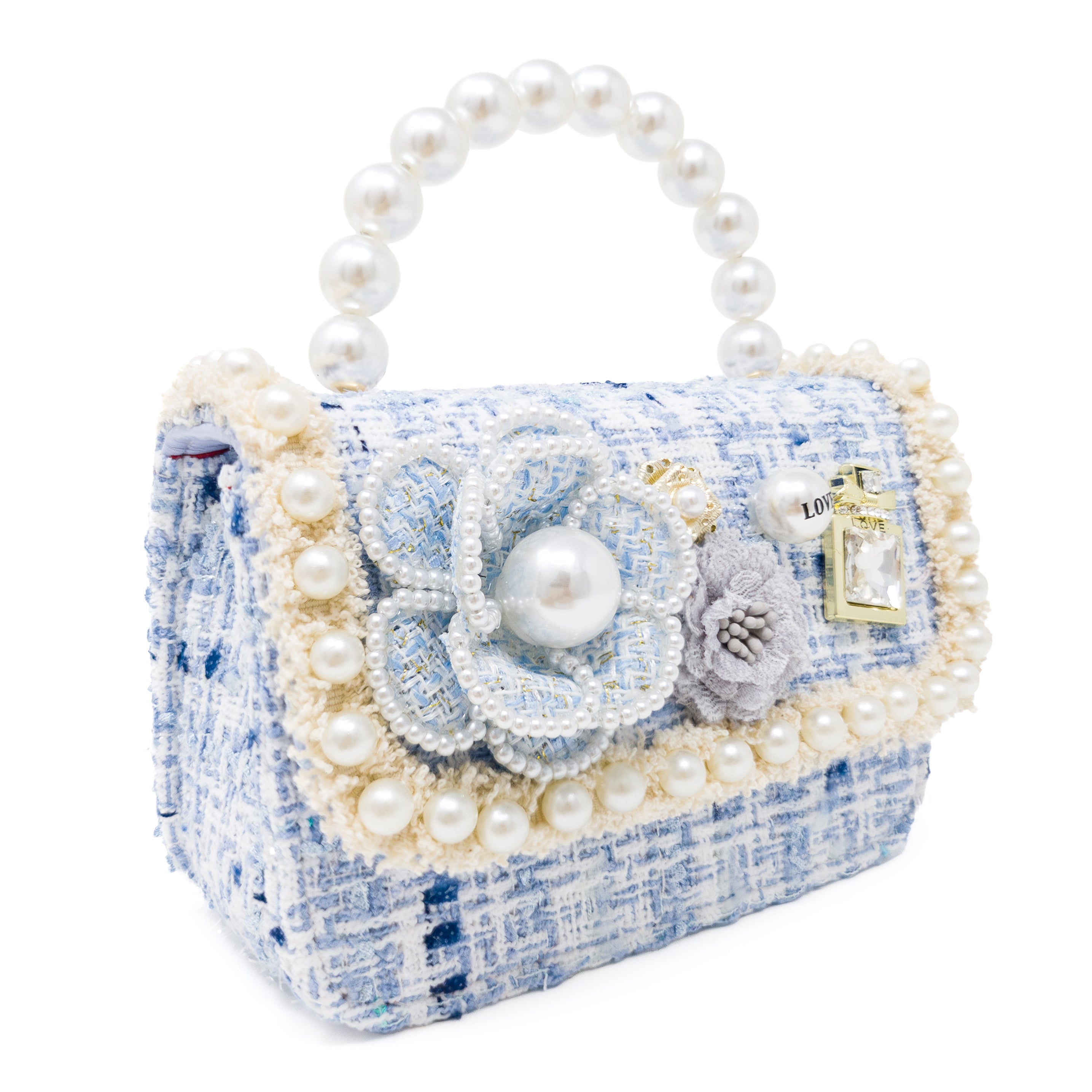 Puttisu Pearl Garden Blue Hydrangea. Decorative handbag with pearls, flowers, and decorative elements on a white background