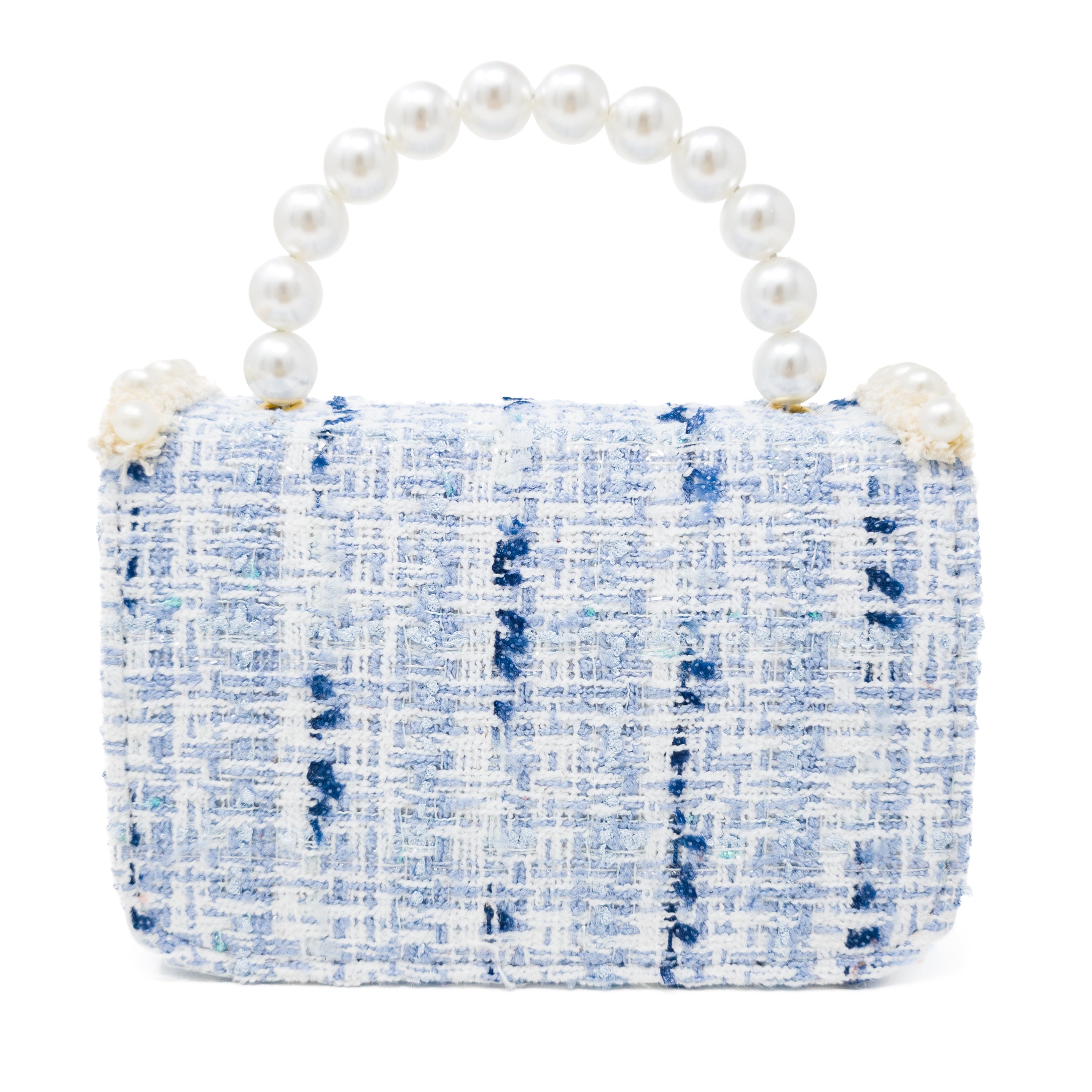 Puttisu Pearl Garden Blue Hydrangea. Decorative handbag with pearls, flowers, and decorative elements on a white background