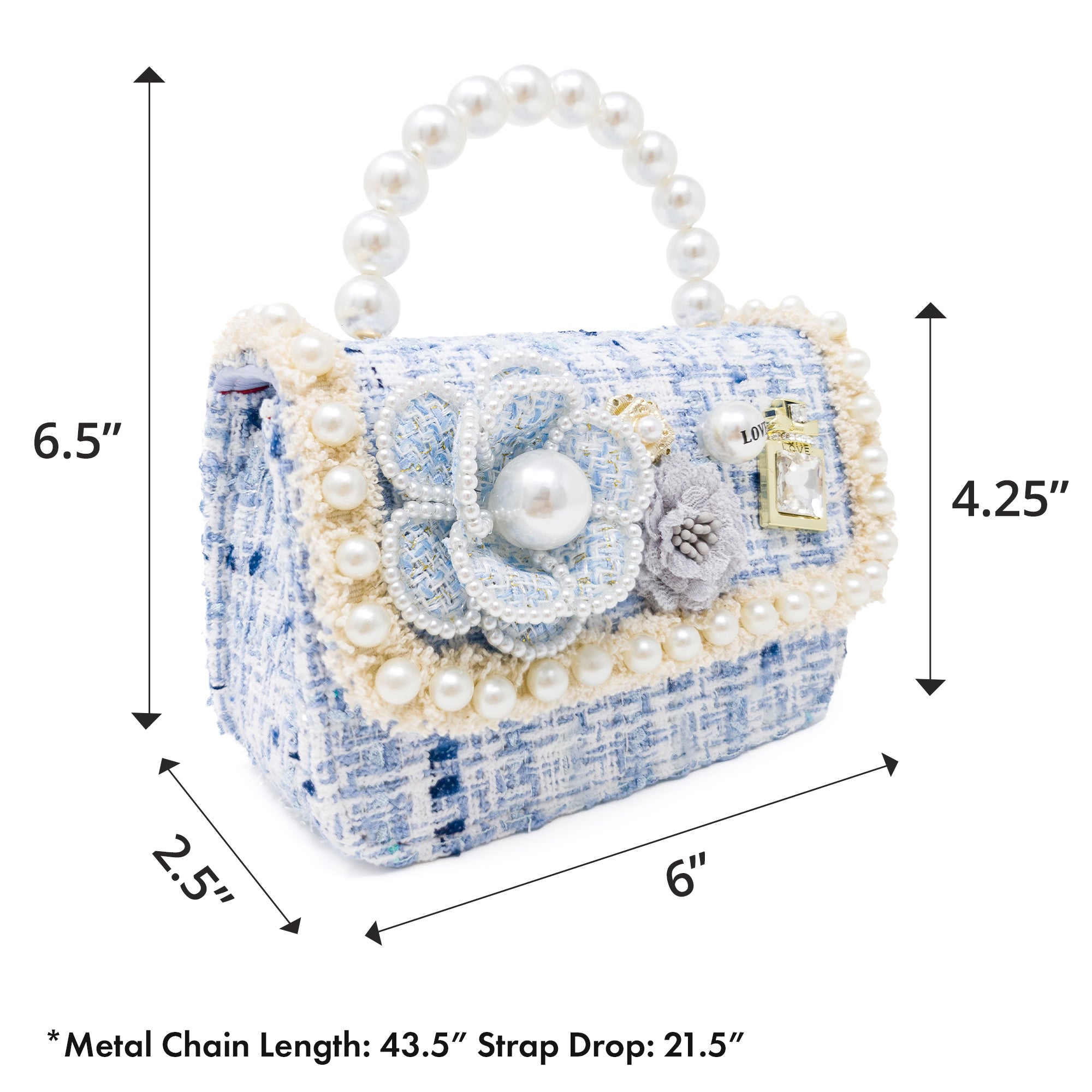 Puttisu Pearl Garden Blue Hydrangea. Decorative handbag with pearls, flowers, and decorative elements, shown with measurements on a white background.