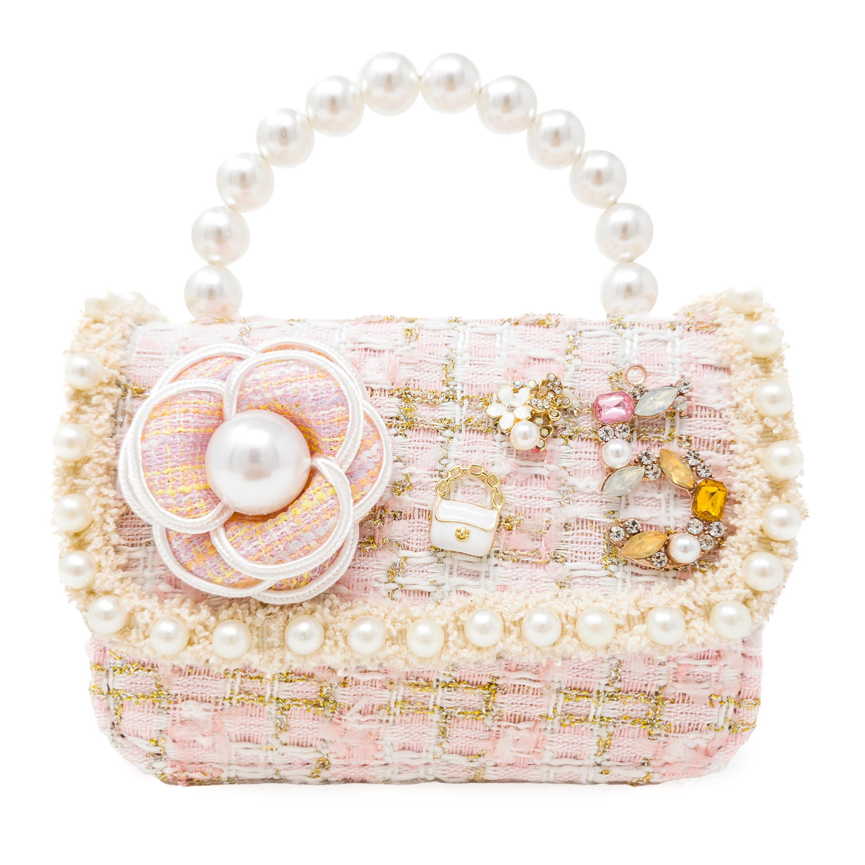 Puttisu Pearl Garden Rosy Peony. Pink handbag with floral design and pearl embellishments on a white background