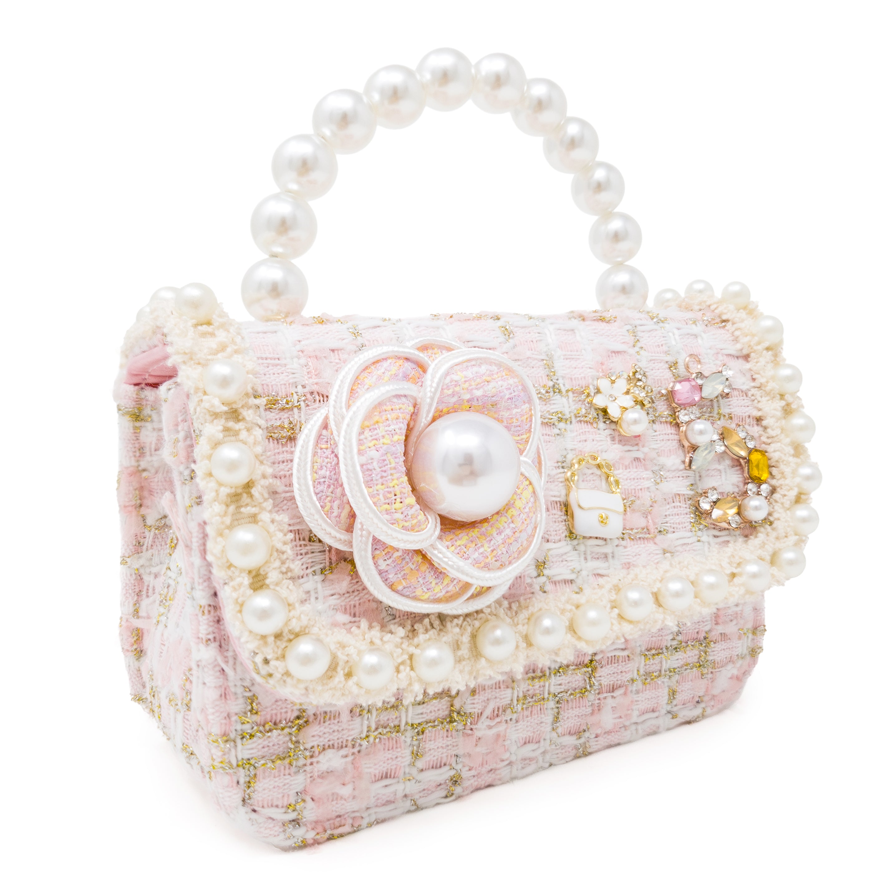 Puttisu Pearl Garden Rosy Peony. Pink handbag with floral design and pearl embellishments on a white background