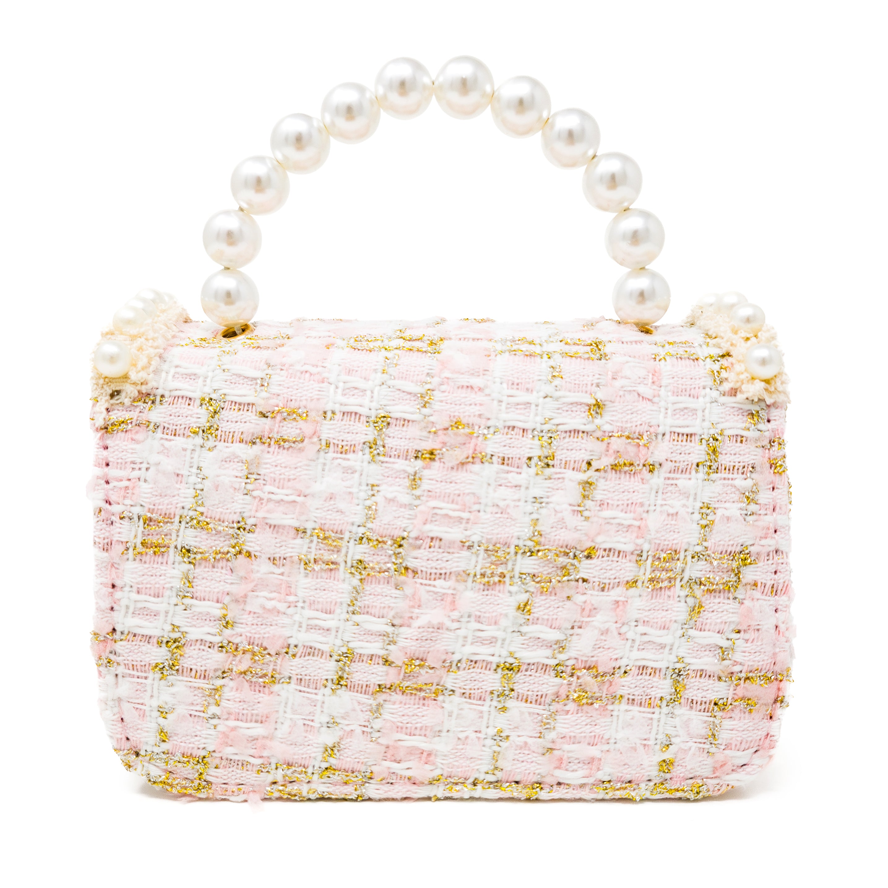 Puttisu Pearl Garden Rosy Peony. Pink handbag with floral design and pearl embellishments on a white background