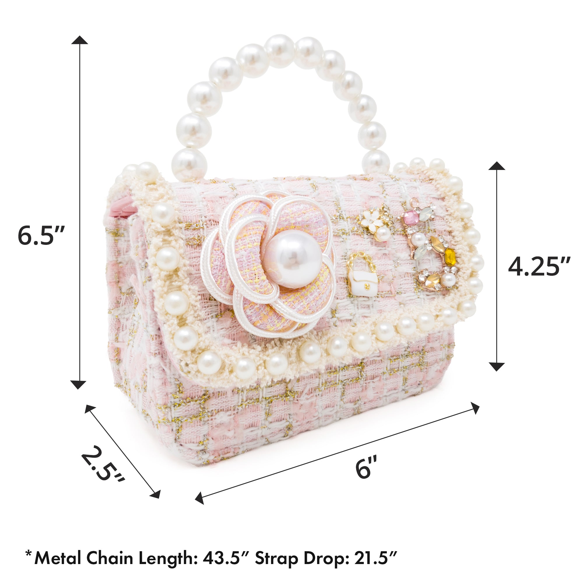 Puttisu Pearl Garden Blue Hydrangea. Decorative handbag with pearls, flowers, and decorative elements, and measurements on a white background