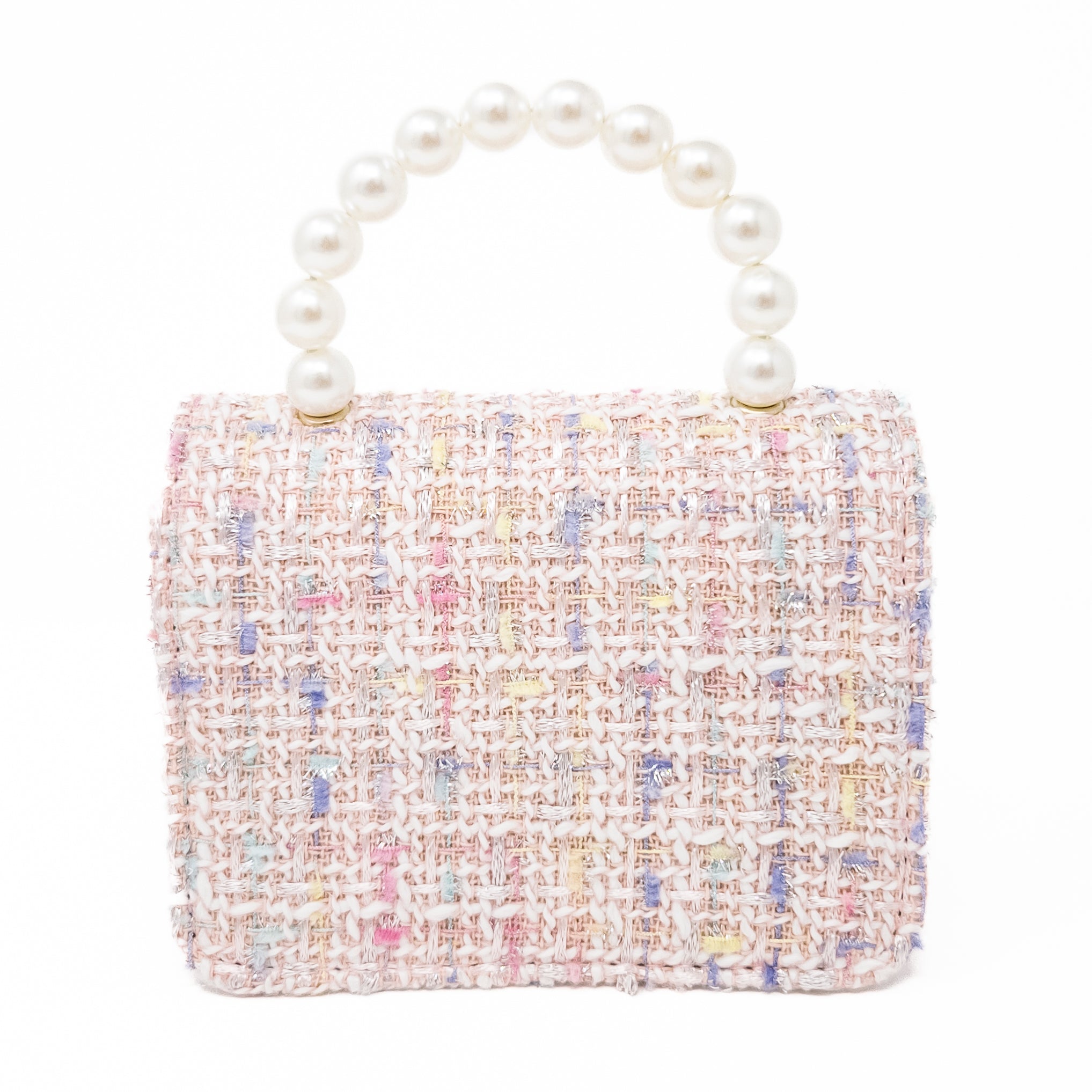 Pink tweed purse with pearl handle.