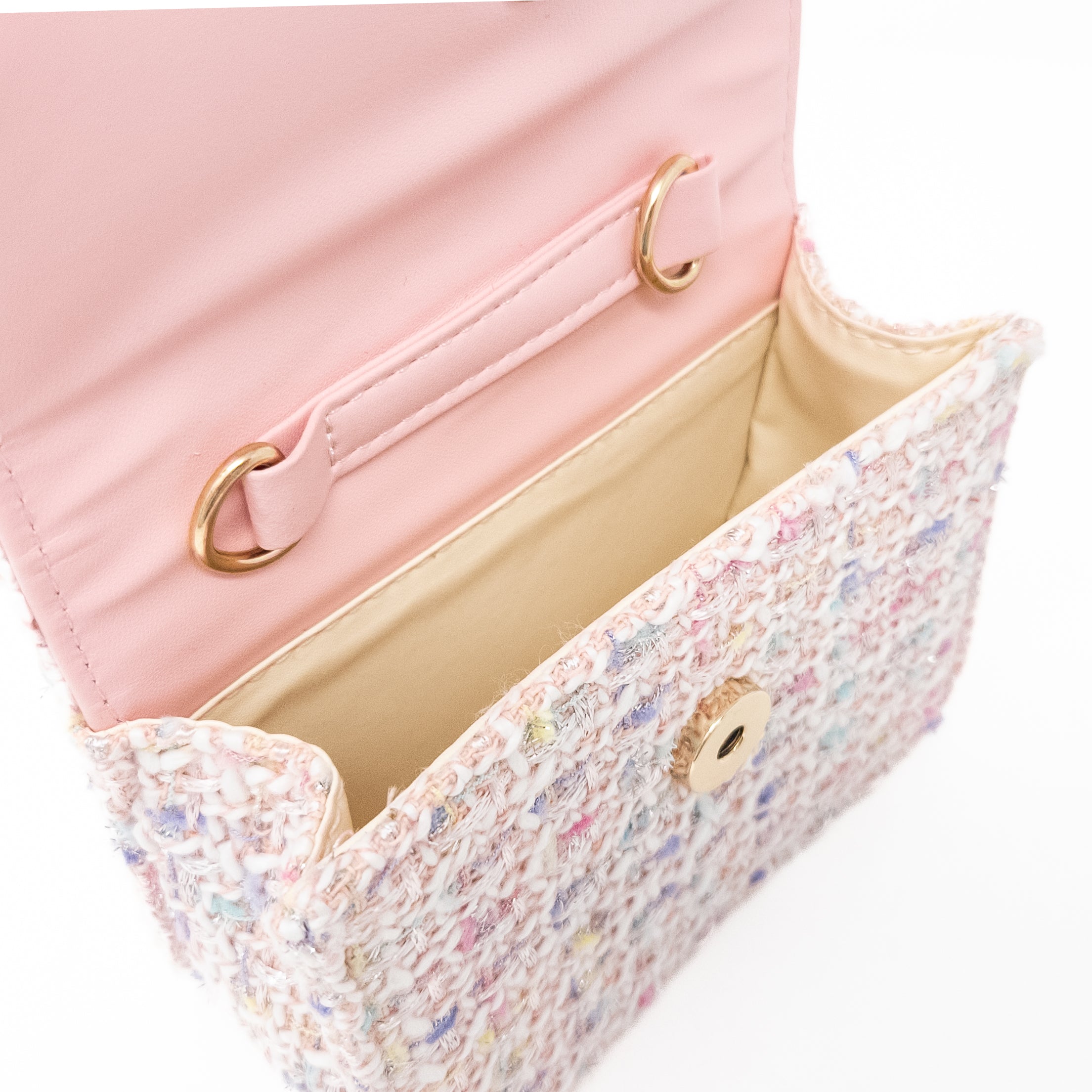 Open pink tweed handbag.