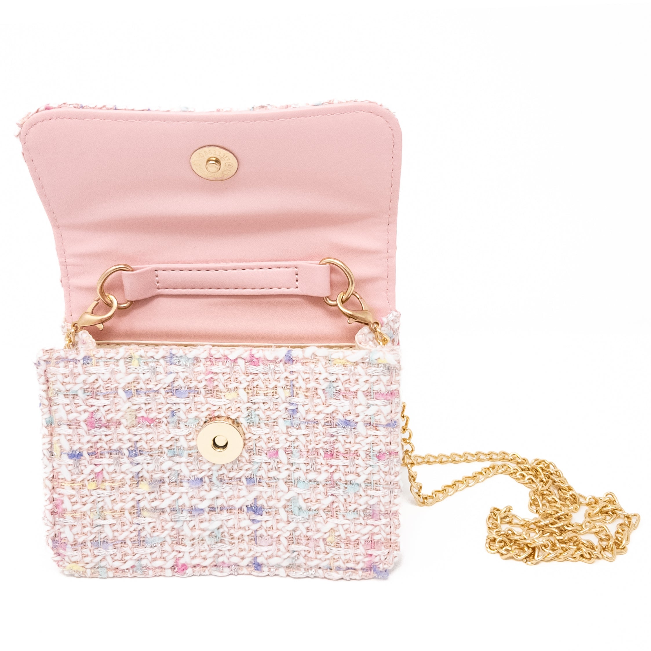 Open pink and white tweed purse with gold chain.