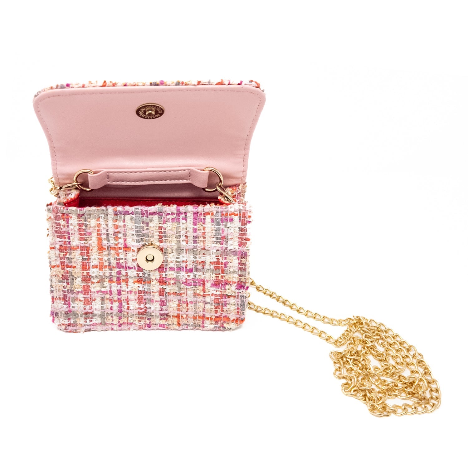 Open pink tweed handbag with gold chain.