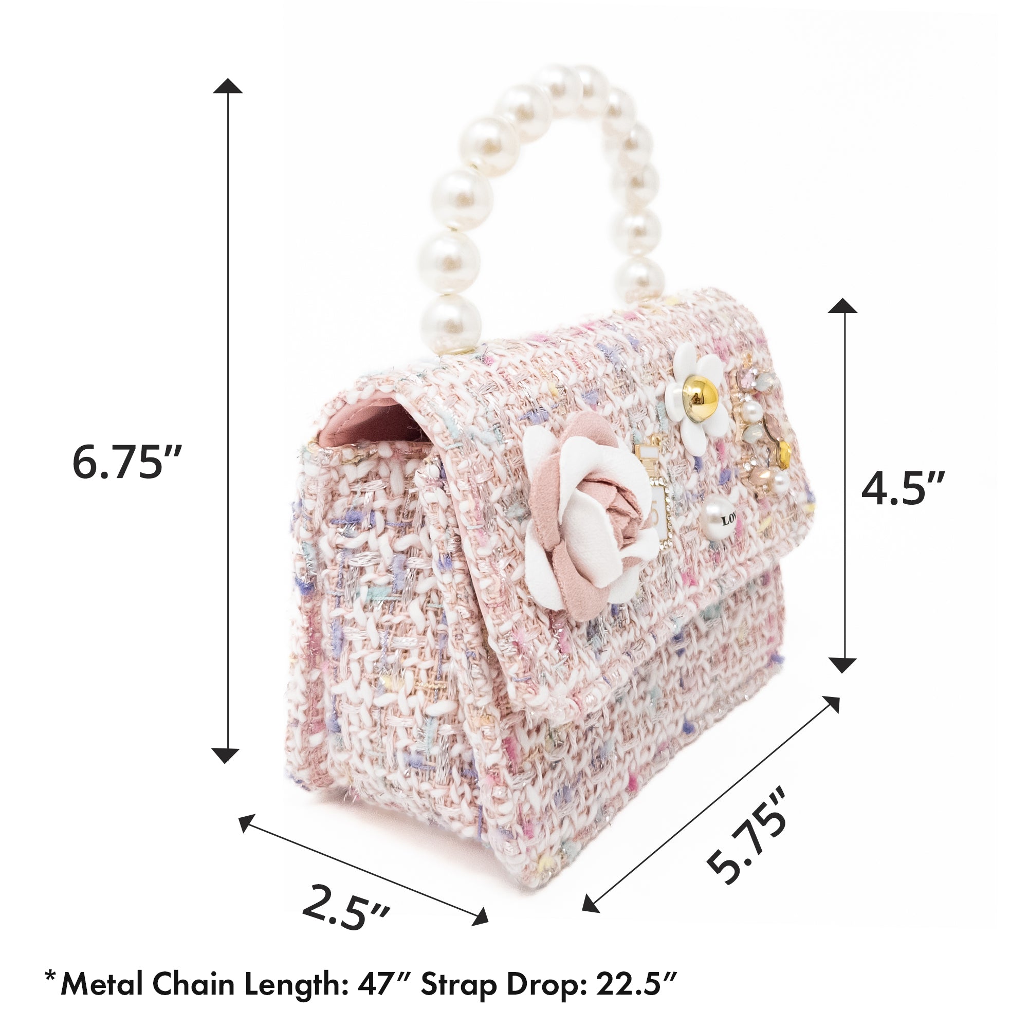 Pink tweed purse with pearl handle and flower embellishment.