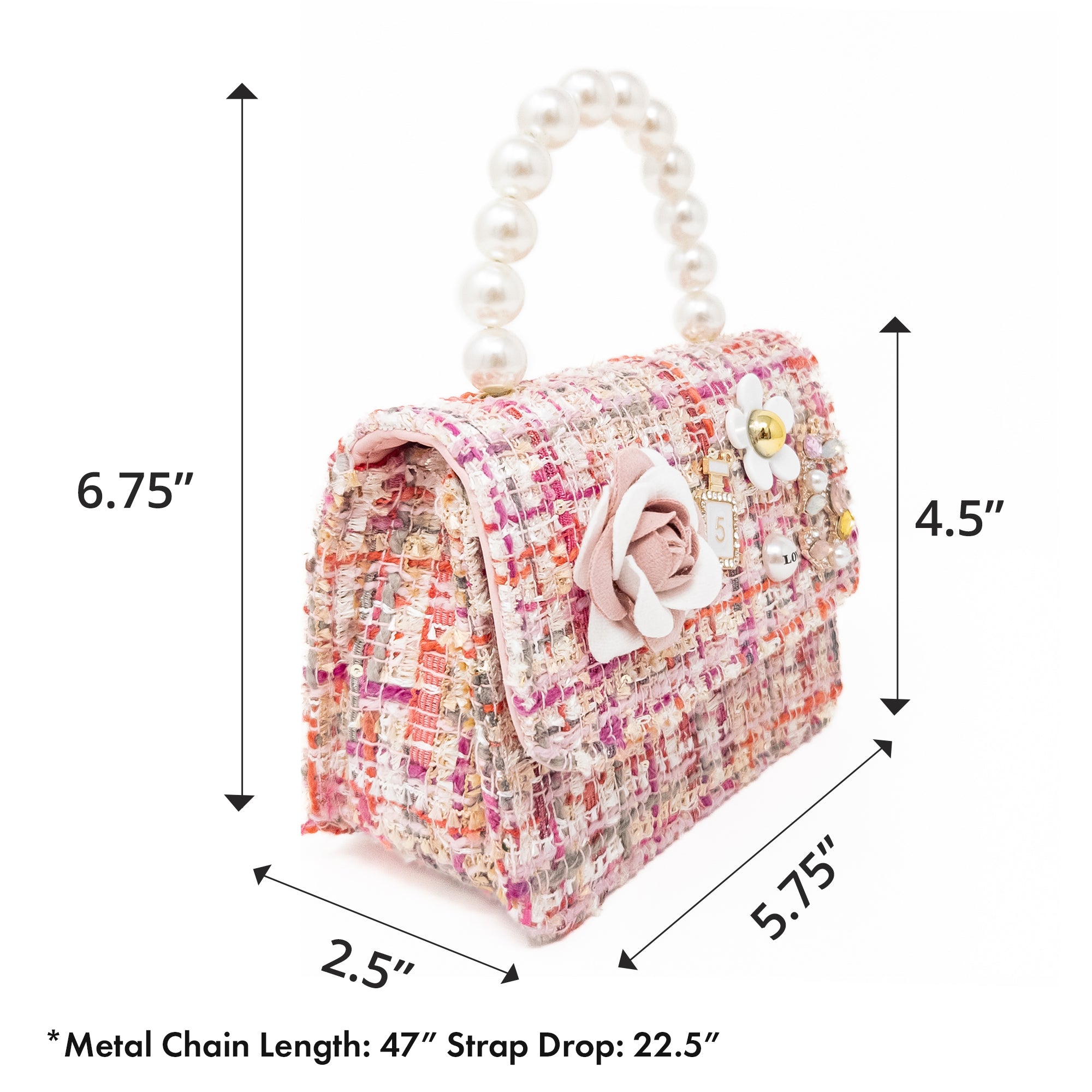 A tweed handbag with pearl handle and floral embellishments, displaying product dimensions.