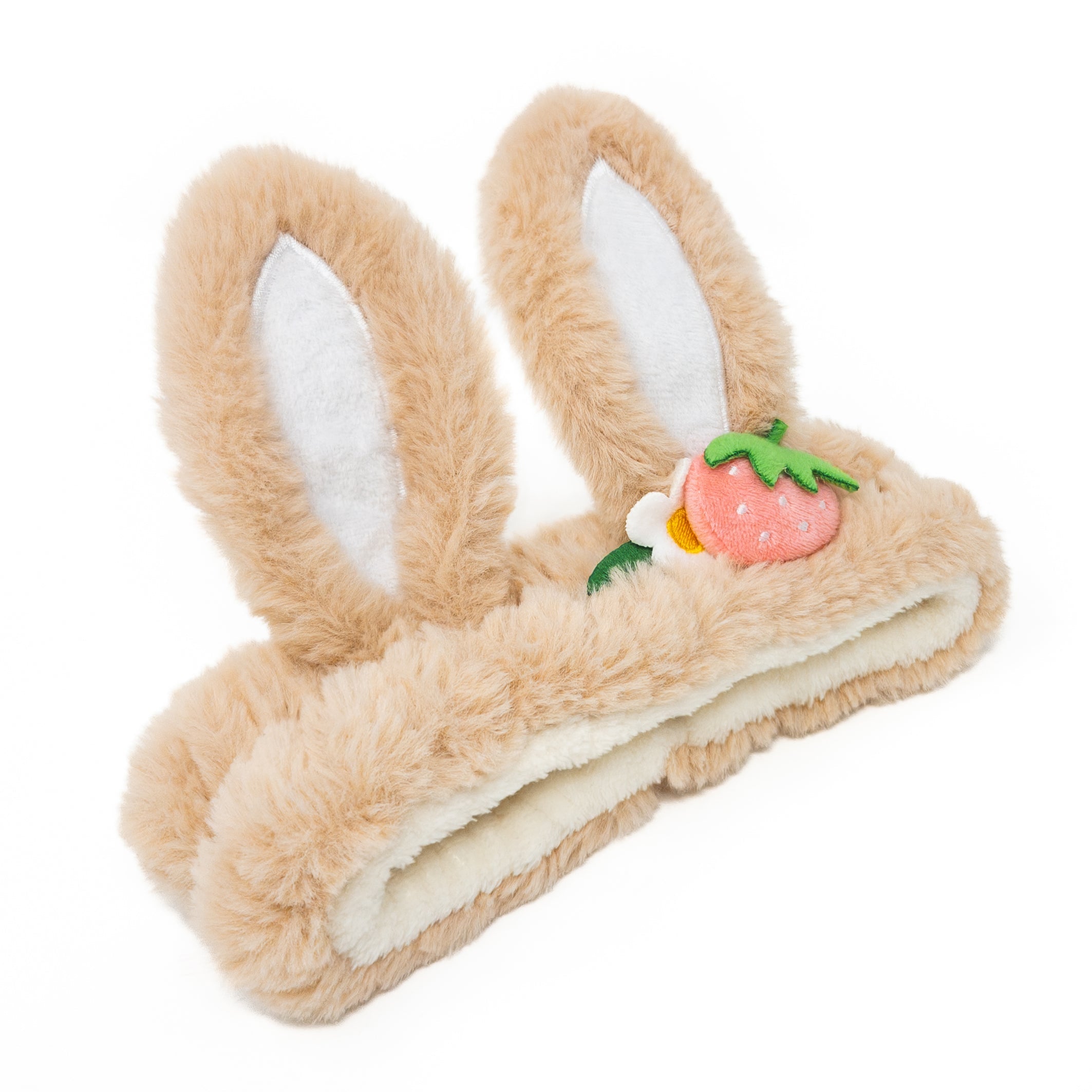 Tan bunny ear headband with strawberry and flower.
