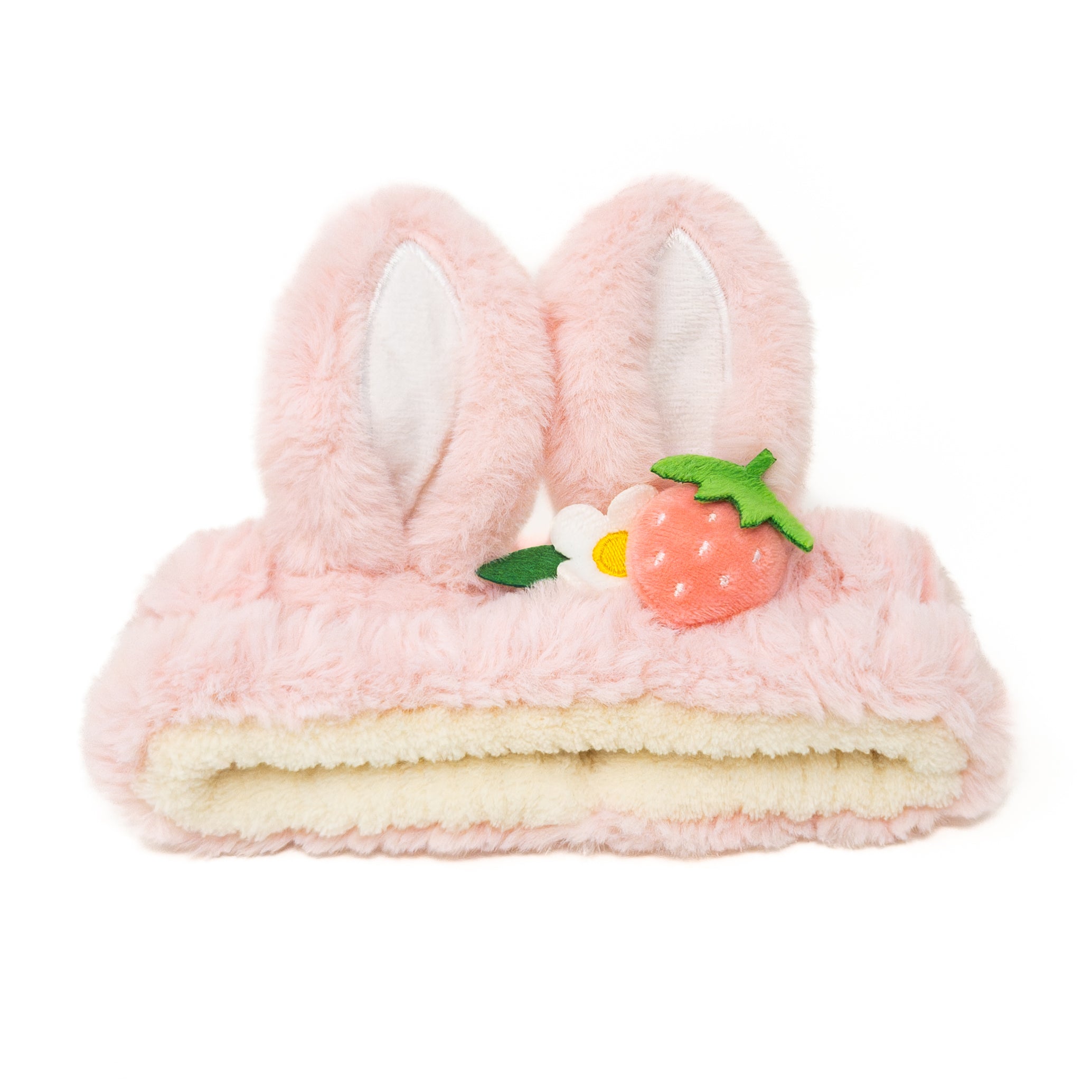 Pink plush headband with bunny ears, strawberry, and flower.