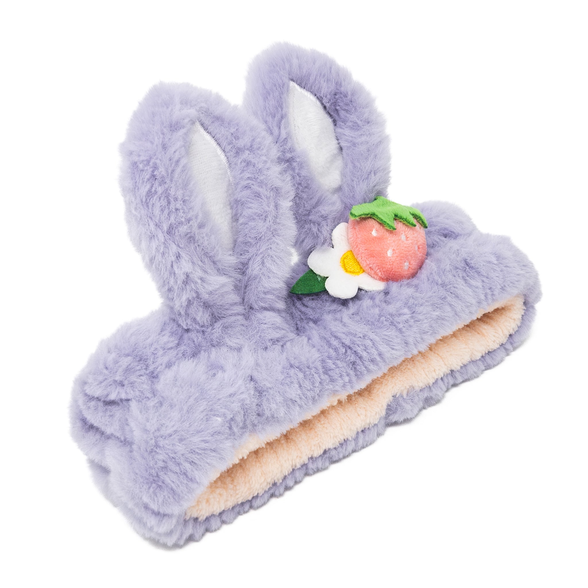 Purple, furry bunny ear headband with a strawberry and flower decoration.
