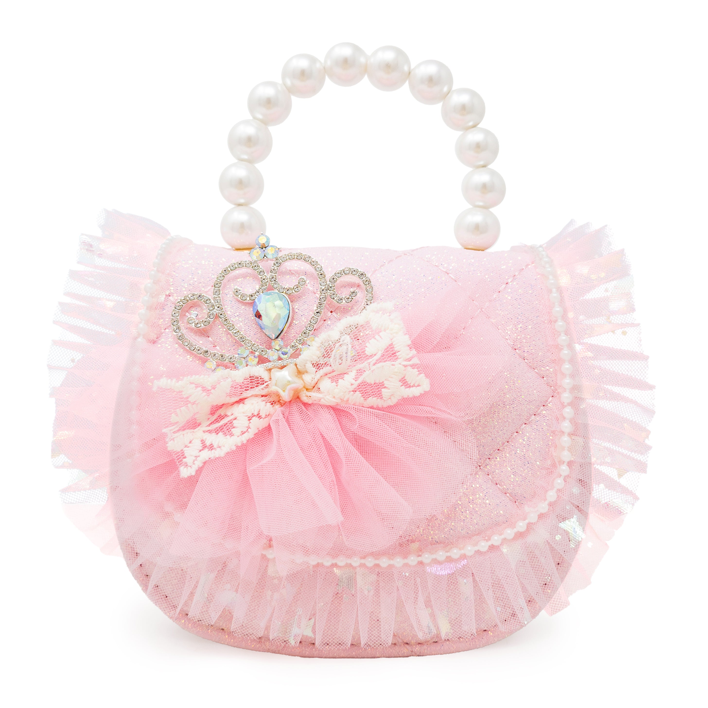 Puttisu Princess Tiara Fairy Pink. Pink handbag with lace details and a pearl handle on a white background