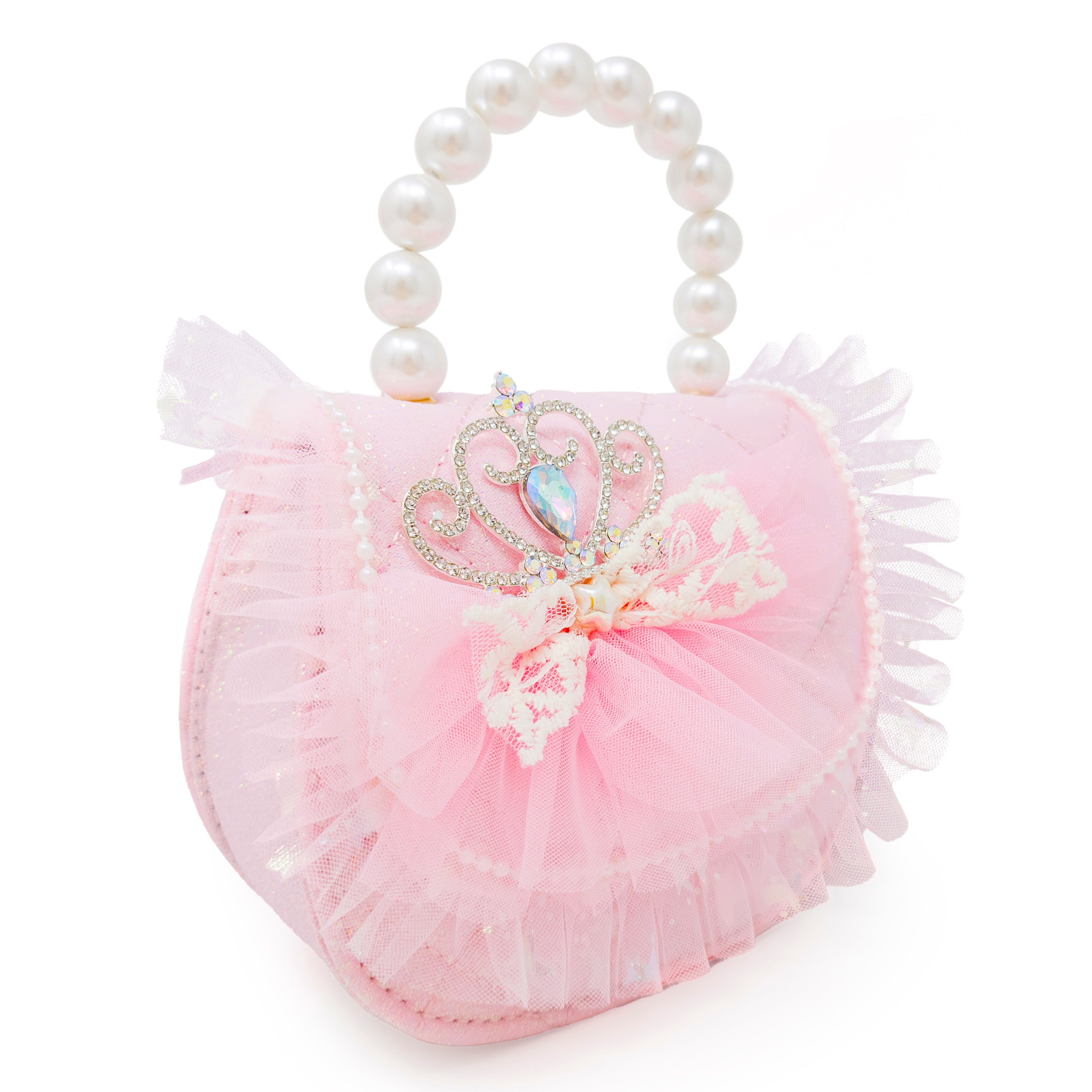 Puttisu Princess Tiara Fairy Pink. Pink handbag with lace details and a pearl handle on a white background