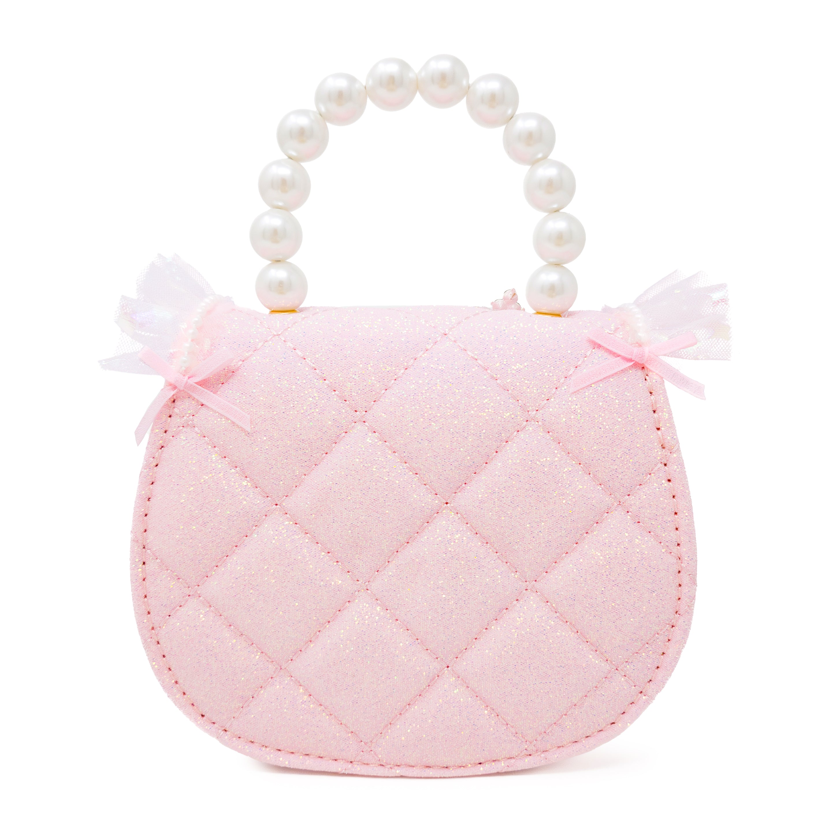 Puttisu Princess Tiara Fairy Pink. Pink handbag with lace details and a pearl handle on a white background