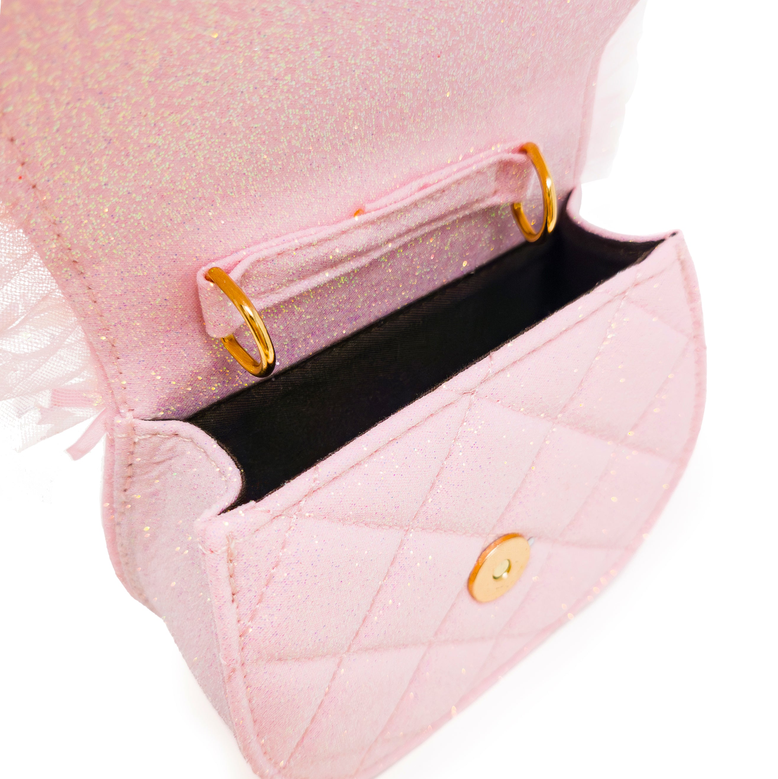 Puttisu Princess Tiara Fairy Pink. Close-up of a pink glittery handbag with gold hardware on a white background