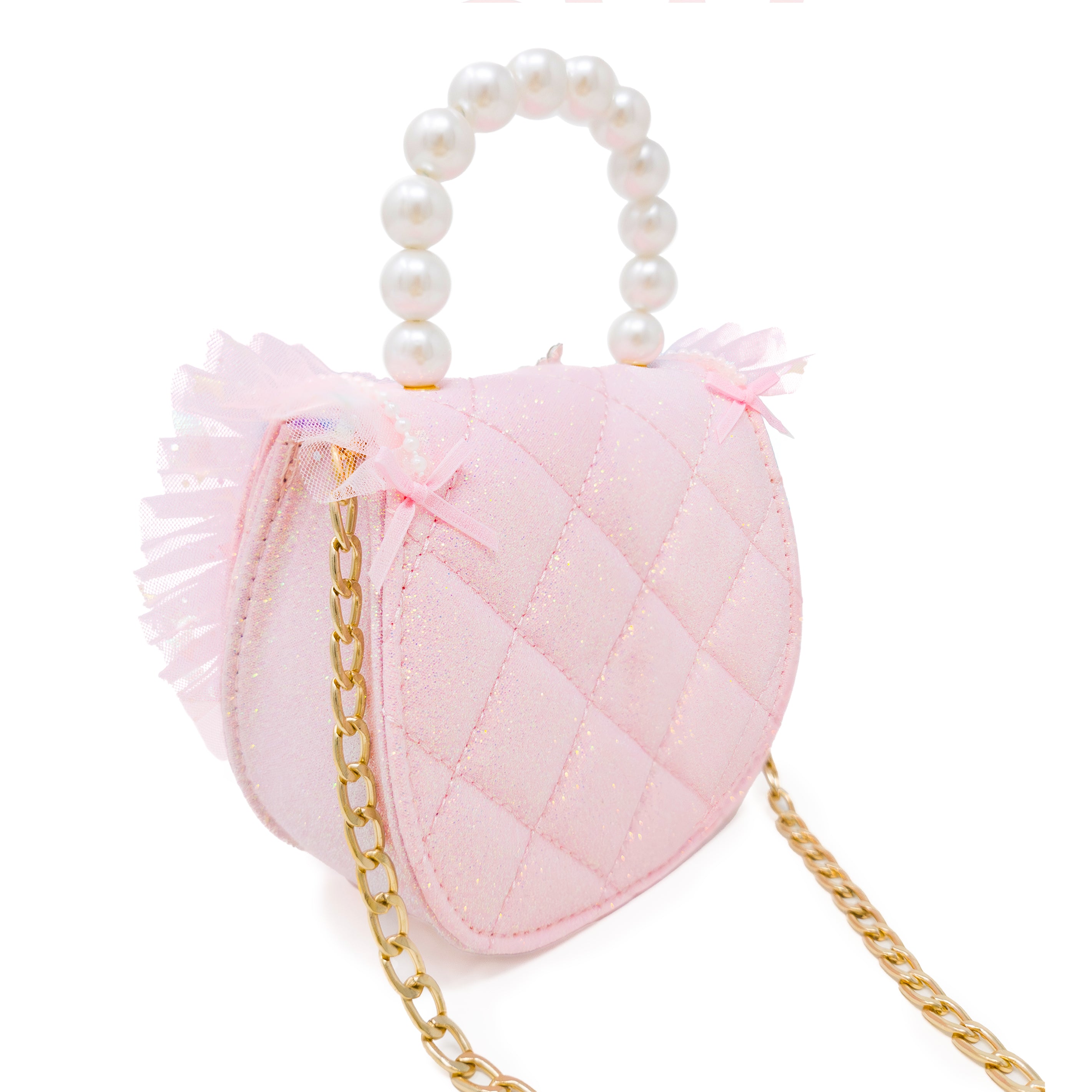 Puttisu Princess Tiara Fairy Pink. Pink handbag with lace details, with a gold chain and pearl handle on a white background