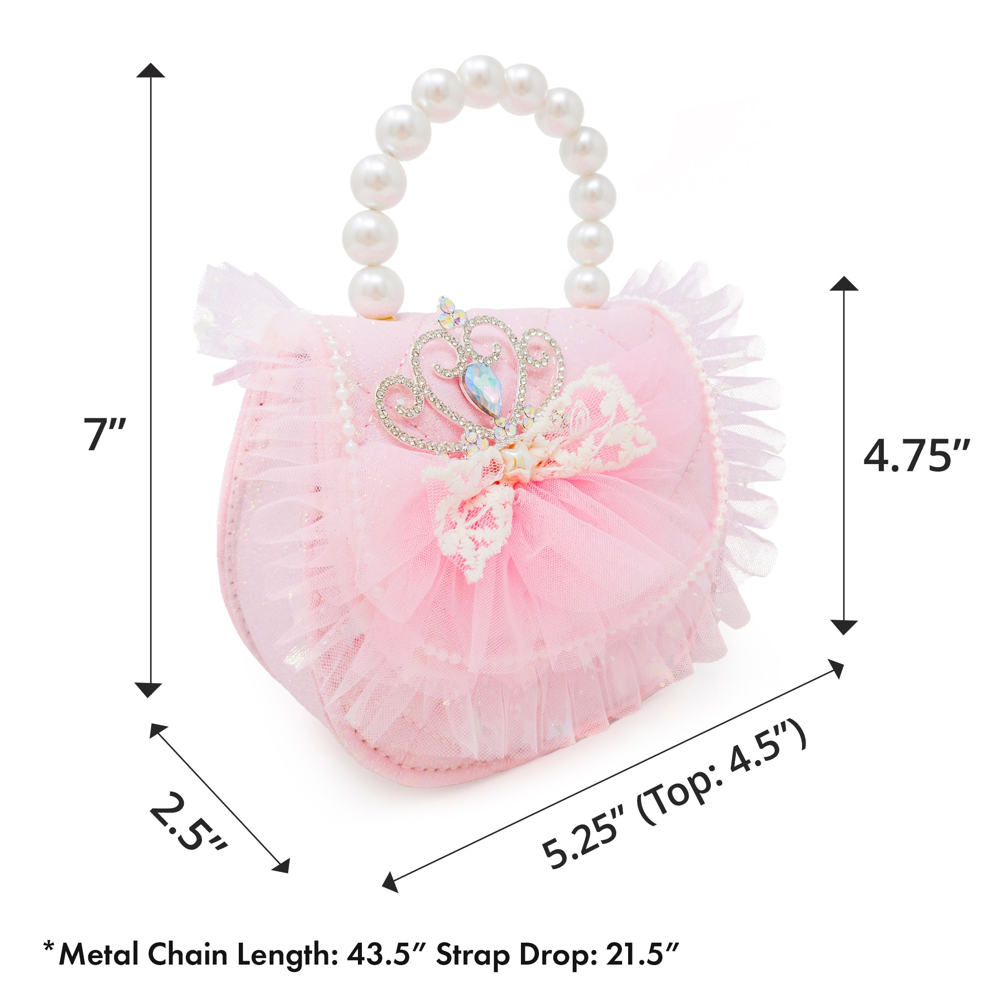 Puttisu Princess Tiara Fairy Pink. Pink handbag with lace details and a pearl handle, and measurements on a white background