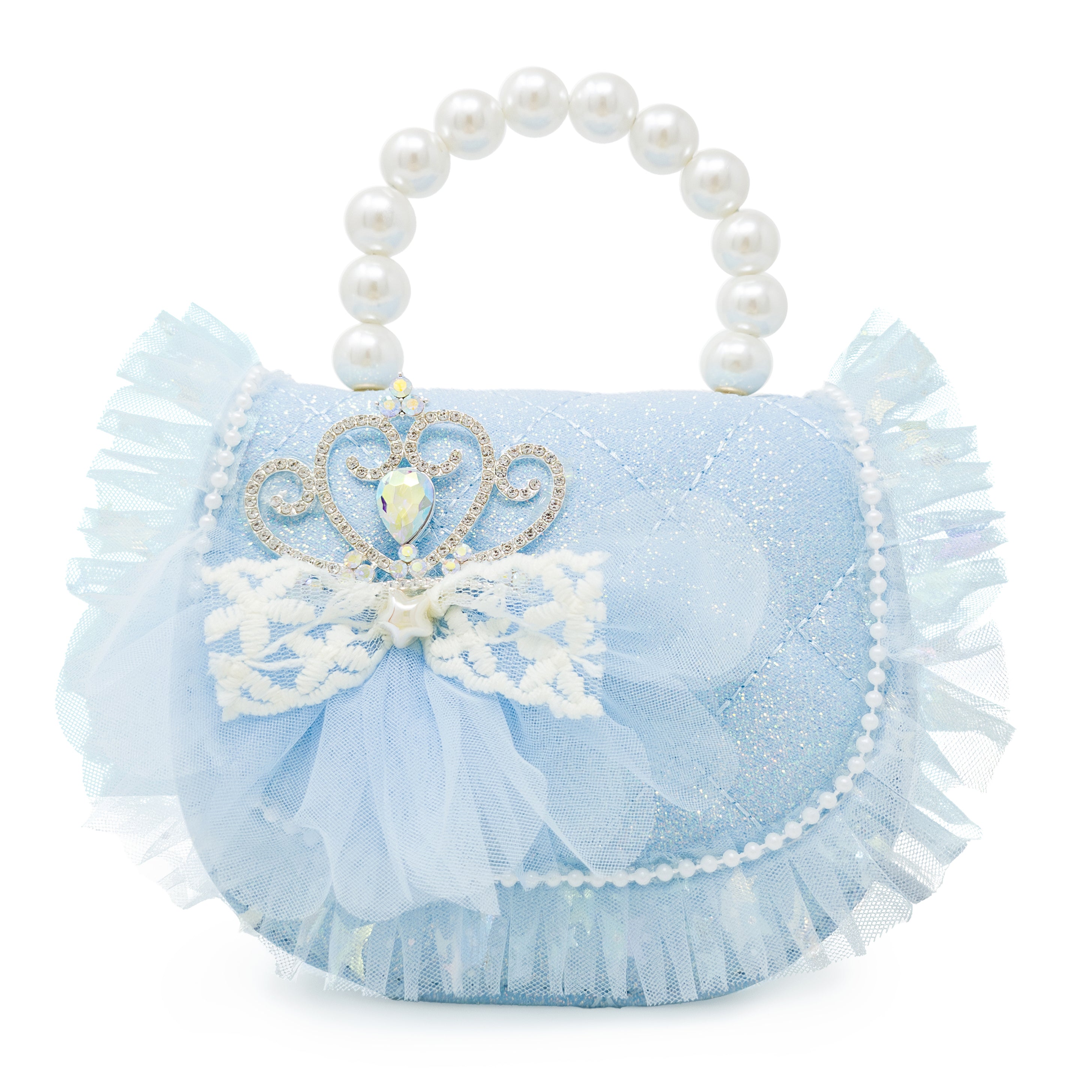 Puttisu Princess Tiara Ice Blue Sparkle. Blue handbag with lace and pearl details on a white background