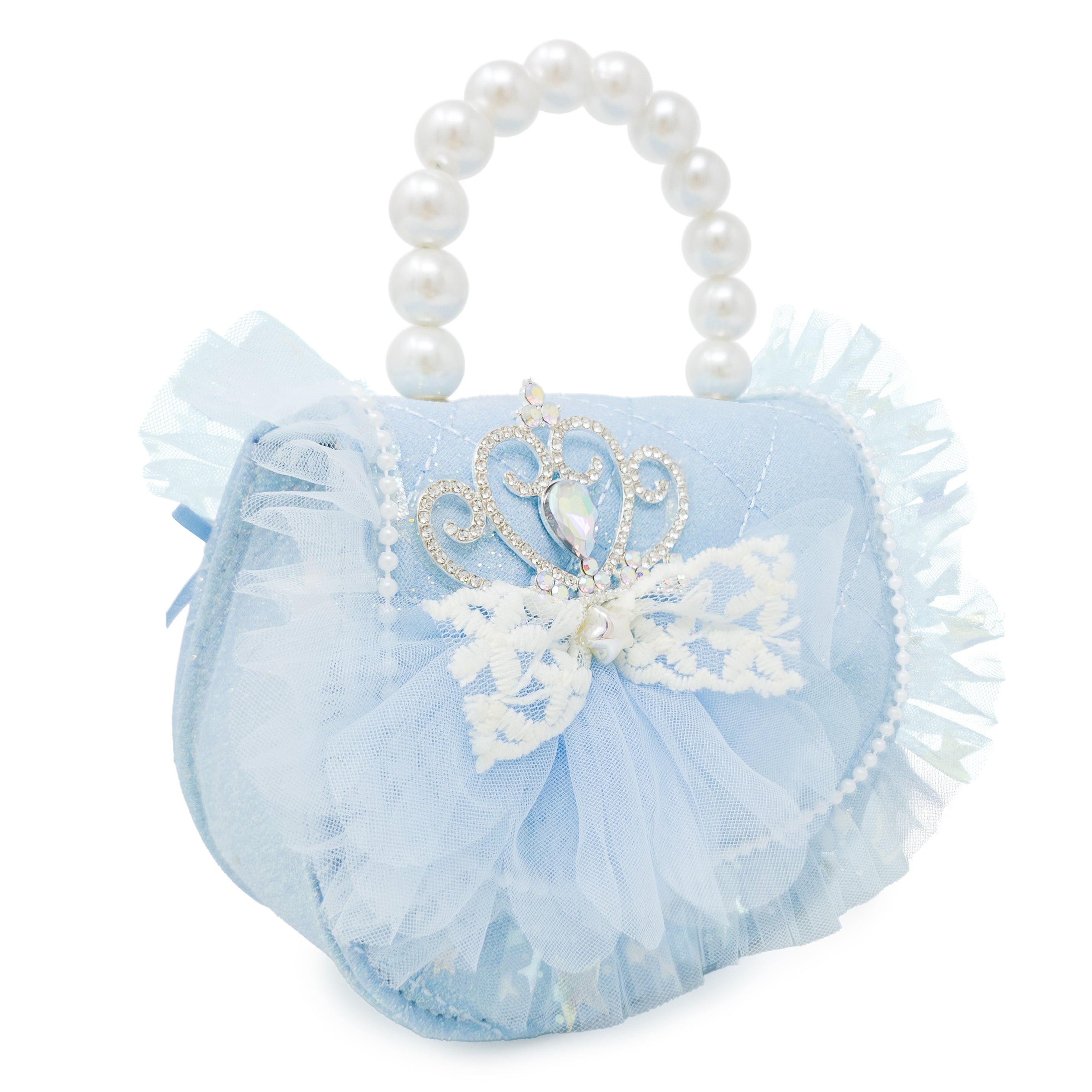 Puttisu Princess Tiara Ice Blue Sparkle. Blue handbag with lace and pearl details on a white background