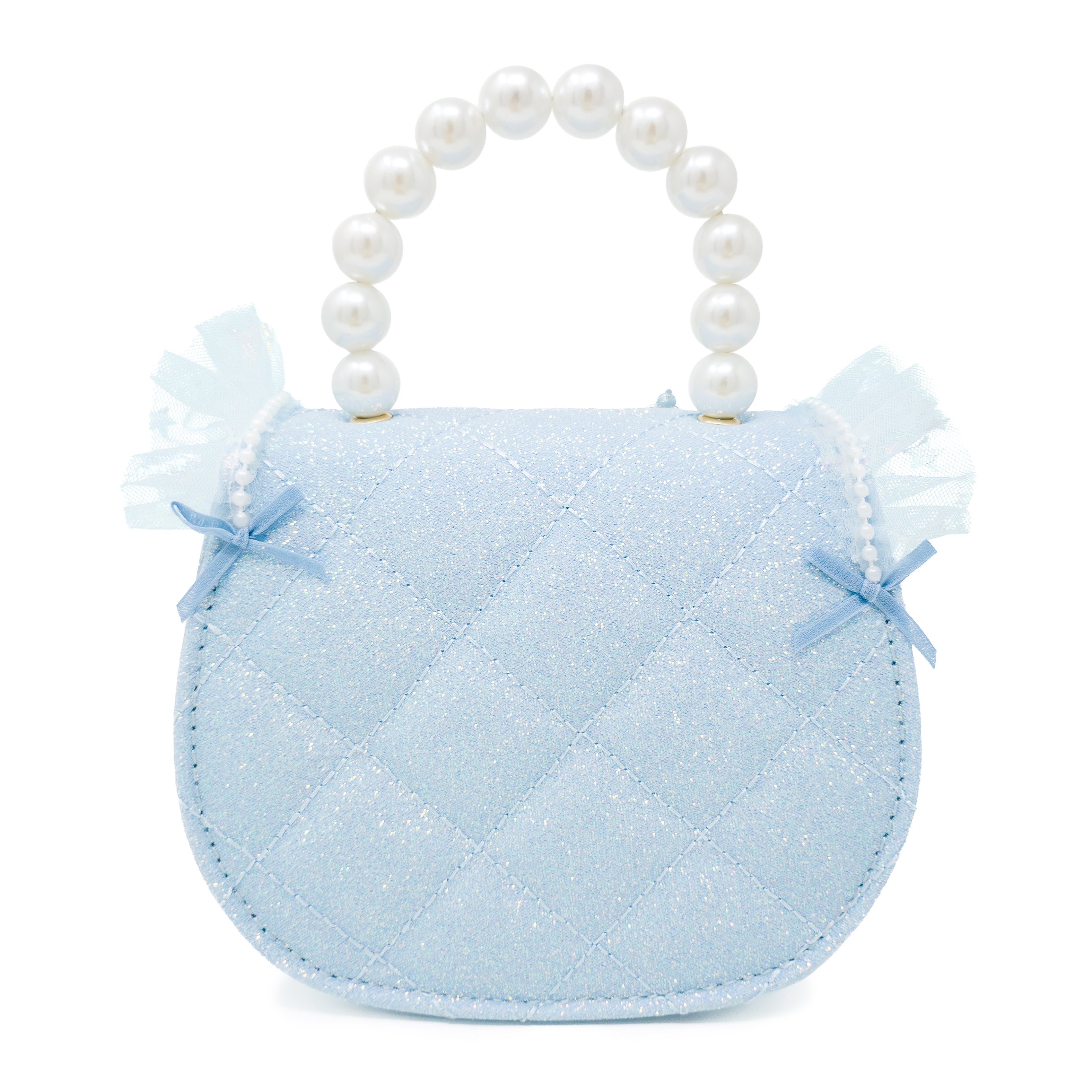 Puttisu Princess Tiara Ice Blue Sparkle. Blue handbag with lace and pearl details on a white background