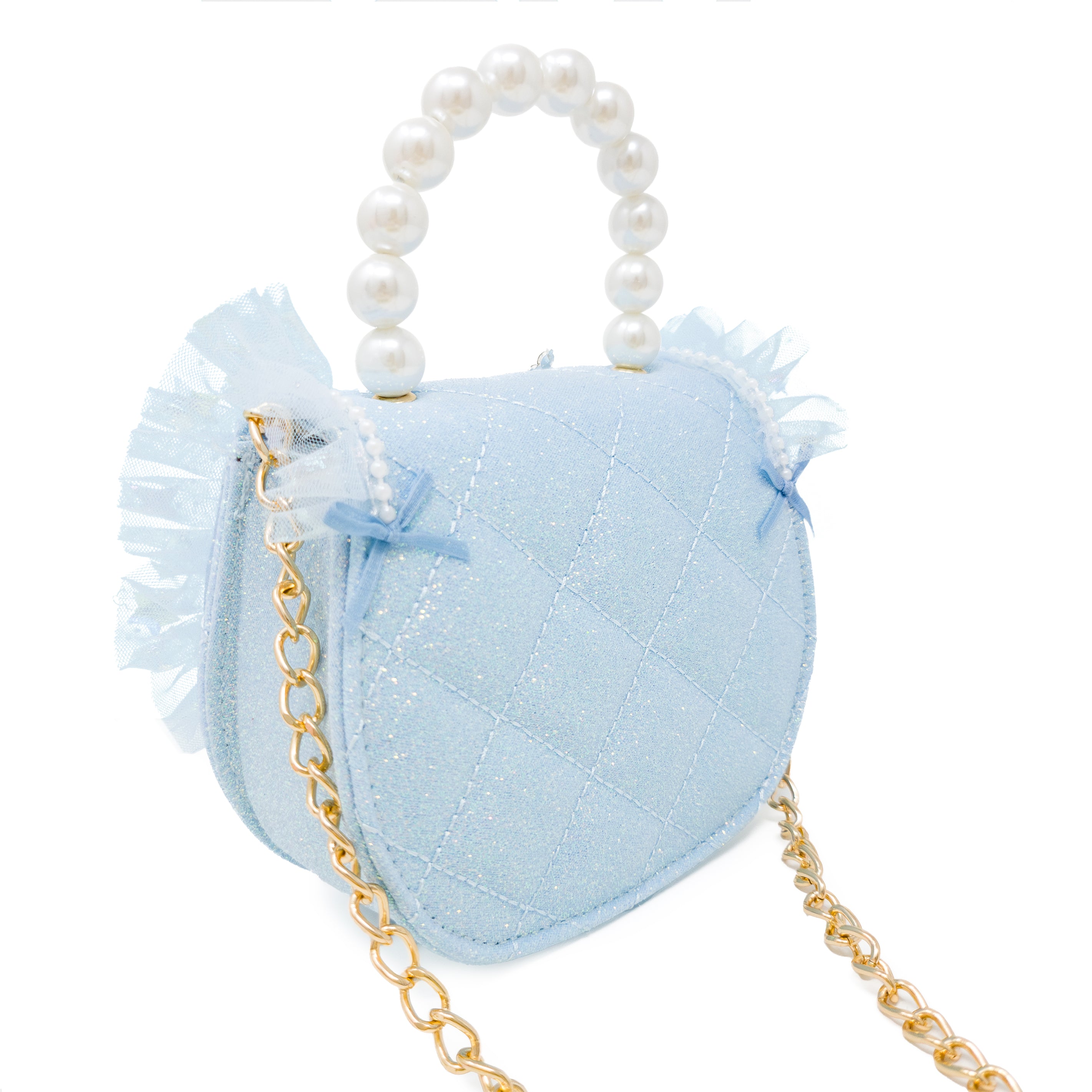 Puttisu Princess Tiara Ice Blue Sparkle. Blue handbag with a gold chain and pearl handle on a white background