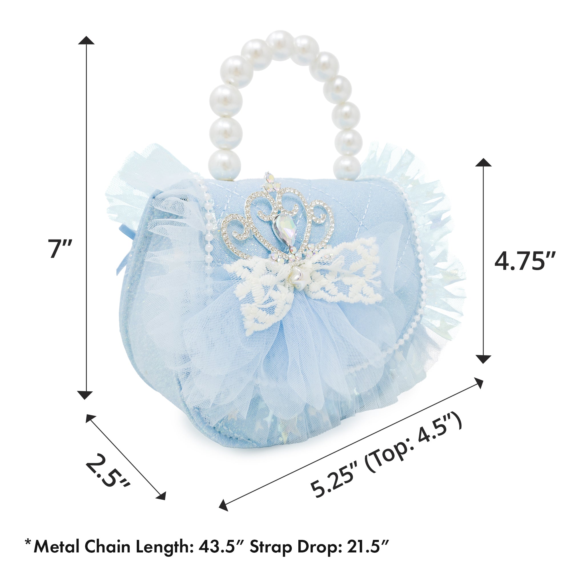 Puttisu Princess Tiara Ice Blue Sparkle. Blue handbag with lace and pearl details, and measurements on a white background