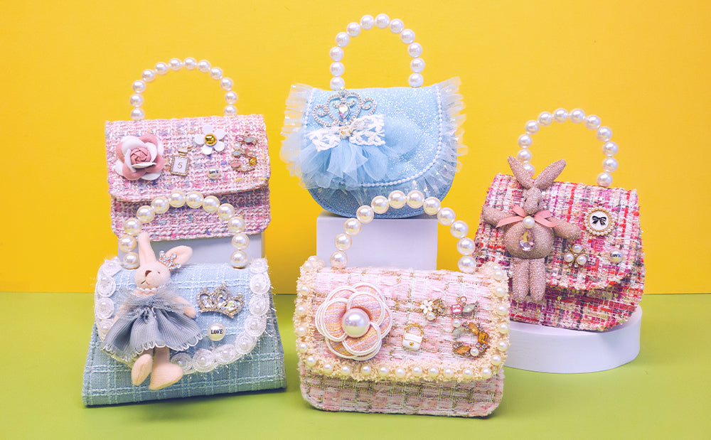 Four decorative handbags with embellishments on a yellow and green background
