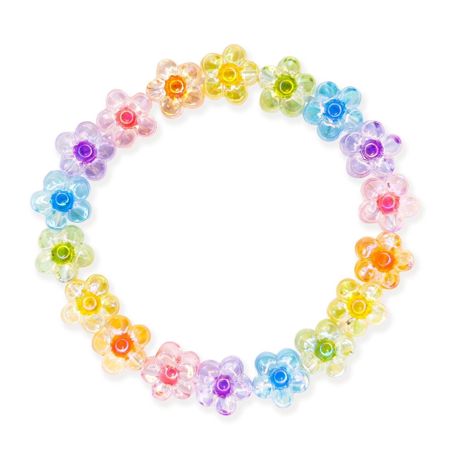 Colorful flower-shaped beads arranged in a circular pattern on a white background