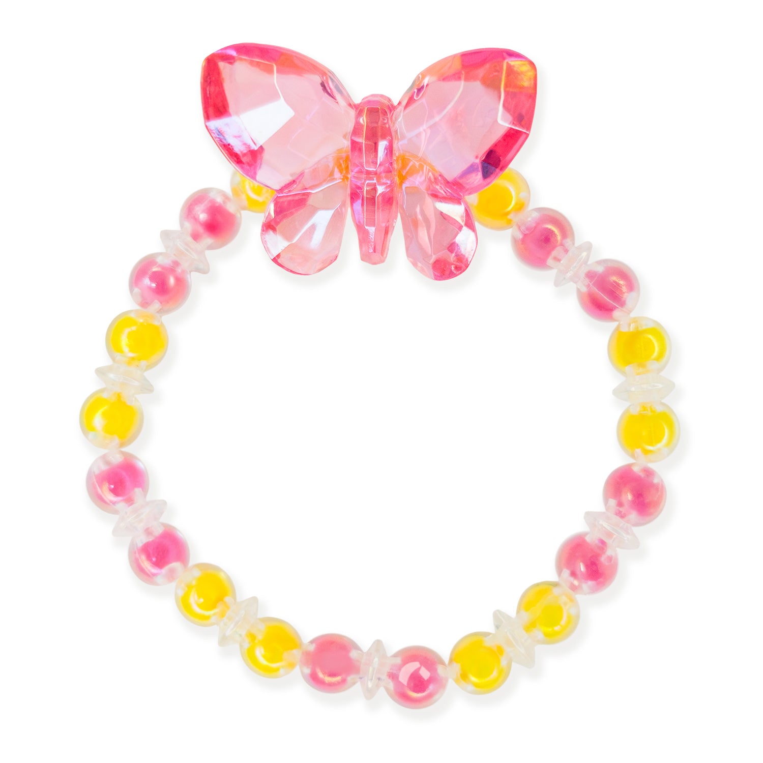 Colorful beaded bracelet with a pink butterfly charm on a white background