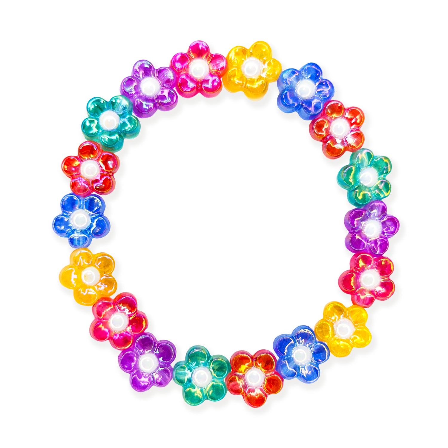 Colorful flower-shaped gel beads arranged in a circular pattern on a white background