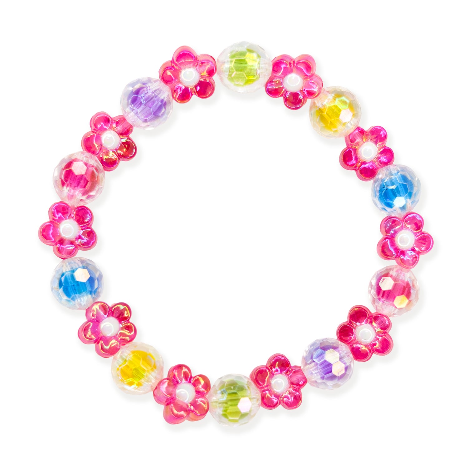 Colorful beaded bracelet with flower-shaped beads on a white background