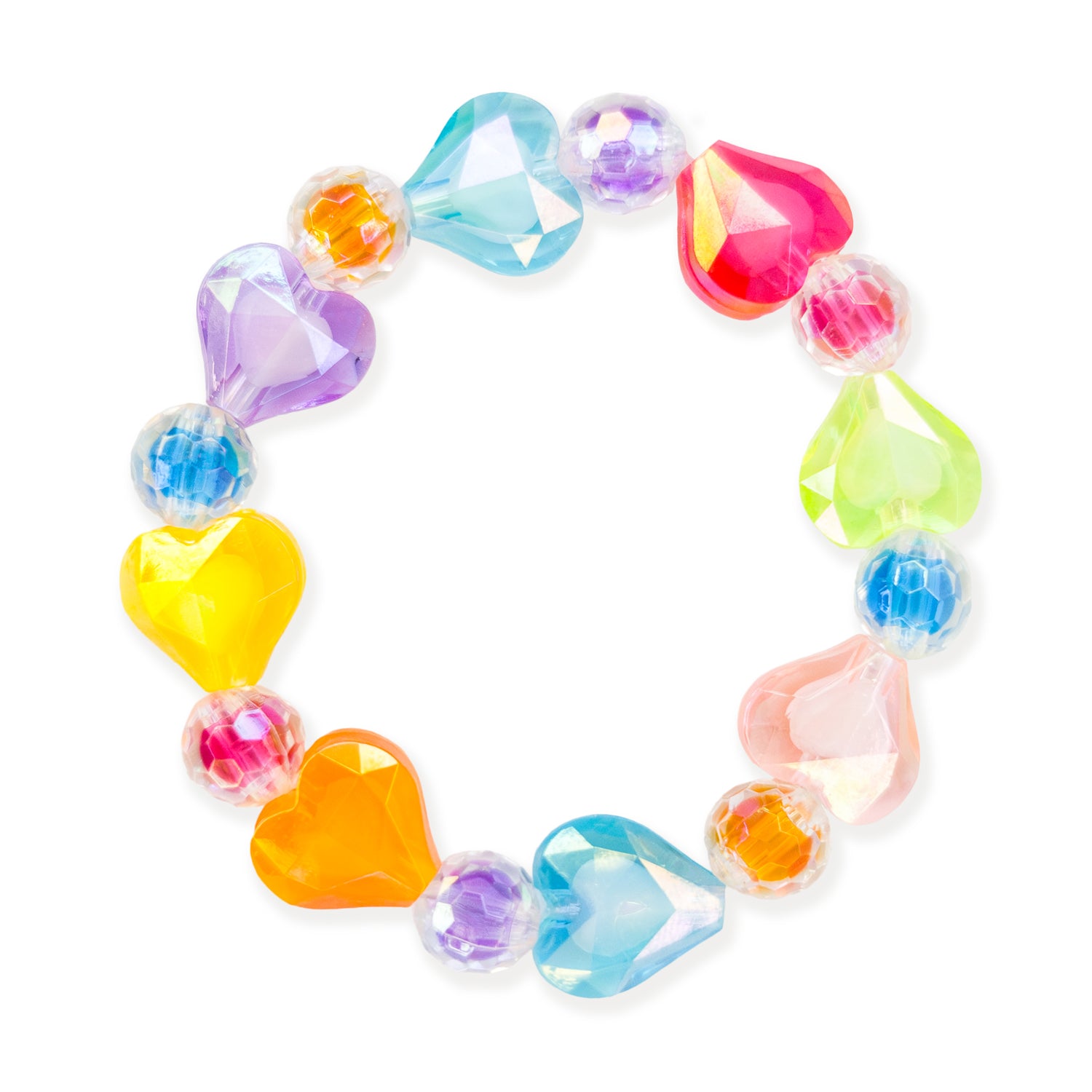 Colorful heart-shaped beaded bracelet on a white background