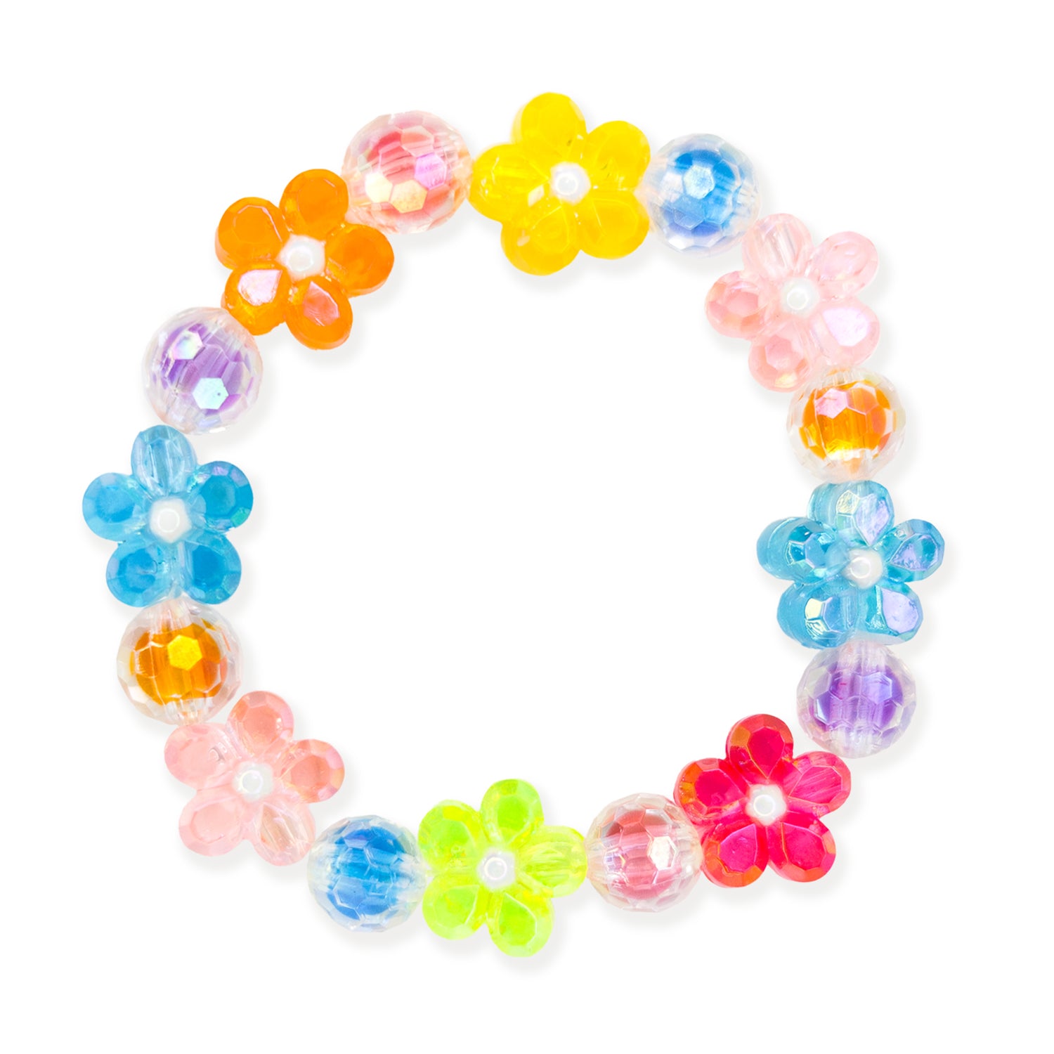 Colorful beaded bracelet with flower-shaped beads on a white background