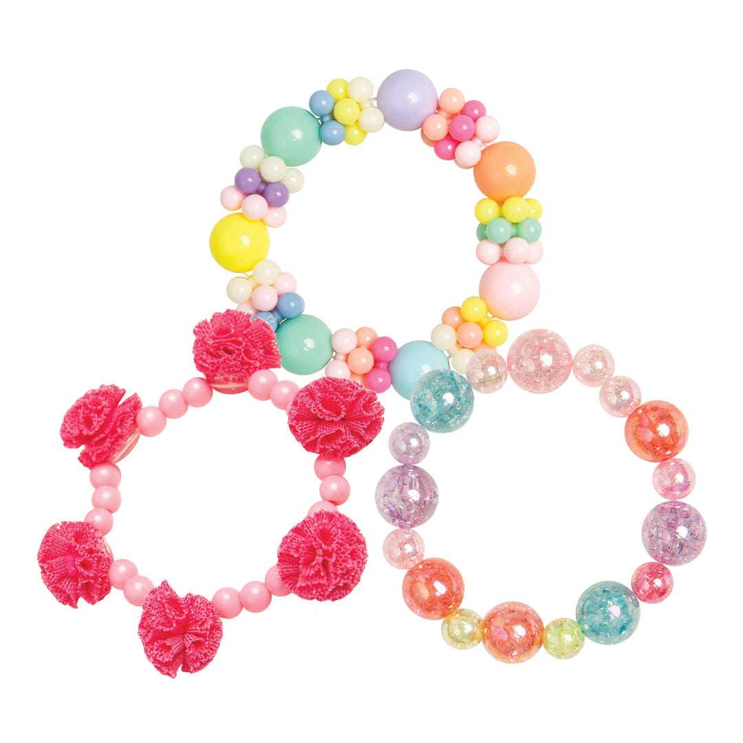 Three colorful bead bracelets.